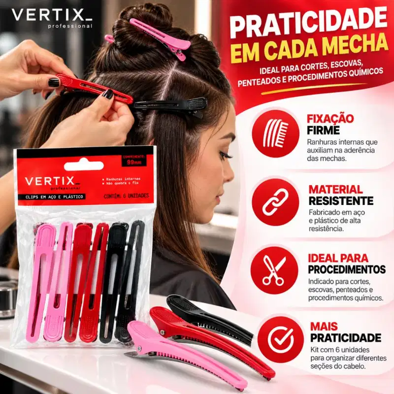 Clips Para Cabelo Vertix Em Aço e Plástico 99mm Com 6 Unidades Cód.: 3190