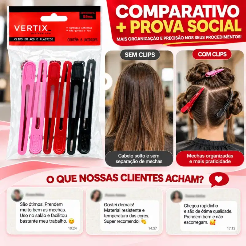 Clips Para Cabelo Vertix Em Aço e Plástico 99mm Com 6 Unidades Cód.: 3190