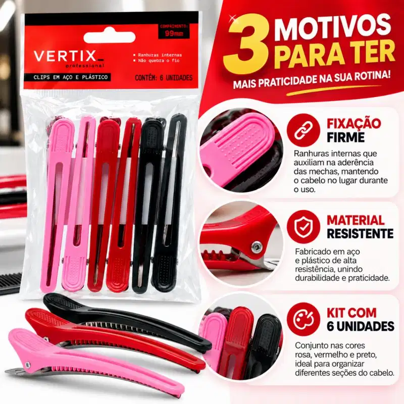 Clips Para Cabelo Vertix Em Aço e Plástico 99mm Com 6 Unidades Cód.: 3190