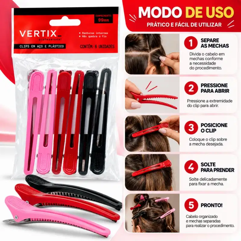 Clips Para Cabelo Vertix Em Aço e Plástico 99mm Com 6 Unidades Cód.: 3190