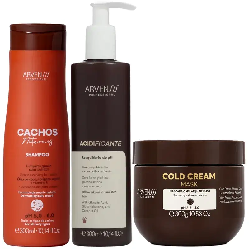 Kit Arvensis Cachos Naturais - Shampoo 300ml + Acidificante 300ml + Máscara Cold 300g