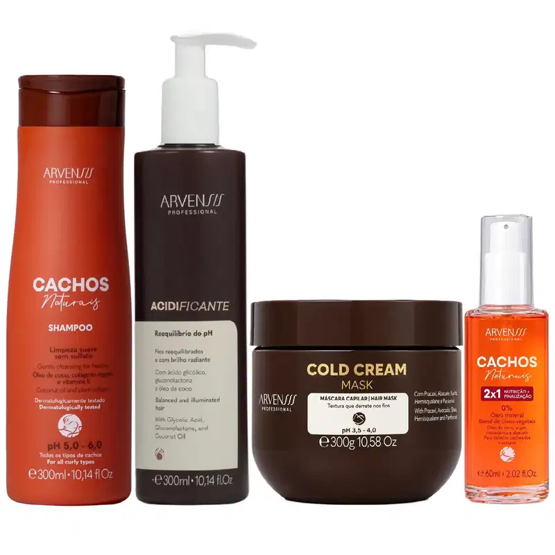 Kit Arvensis Cachos Naturais - Shampoo 300ml + Acidificante 300ml + Óleo 2x1 60ml + Máscara Cold 300g