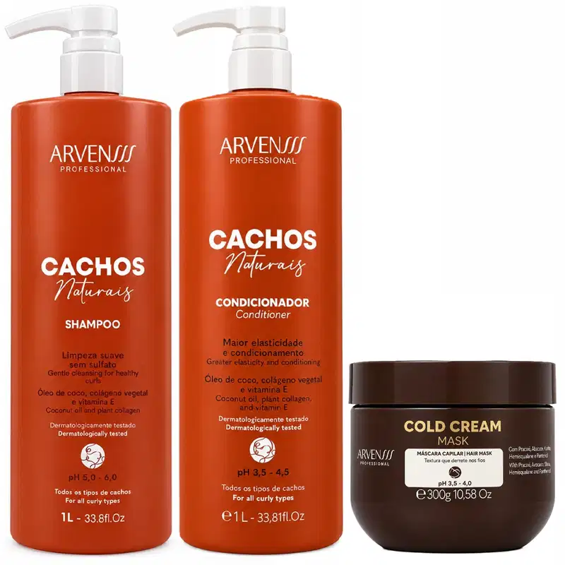 Kit Arvensis Cachos Naturais - Shampoo & Condicionador 1L + Máscara Cold 300g