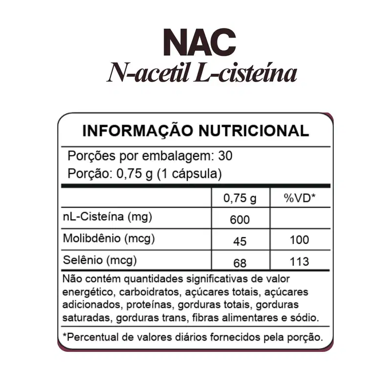 NAC N-Acetil L-Cisteína 30 Cáps Dita Cuja Selênio Molibdênio