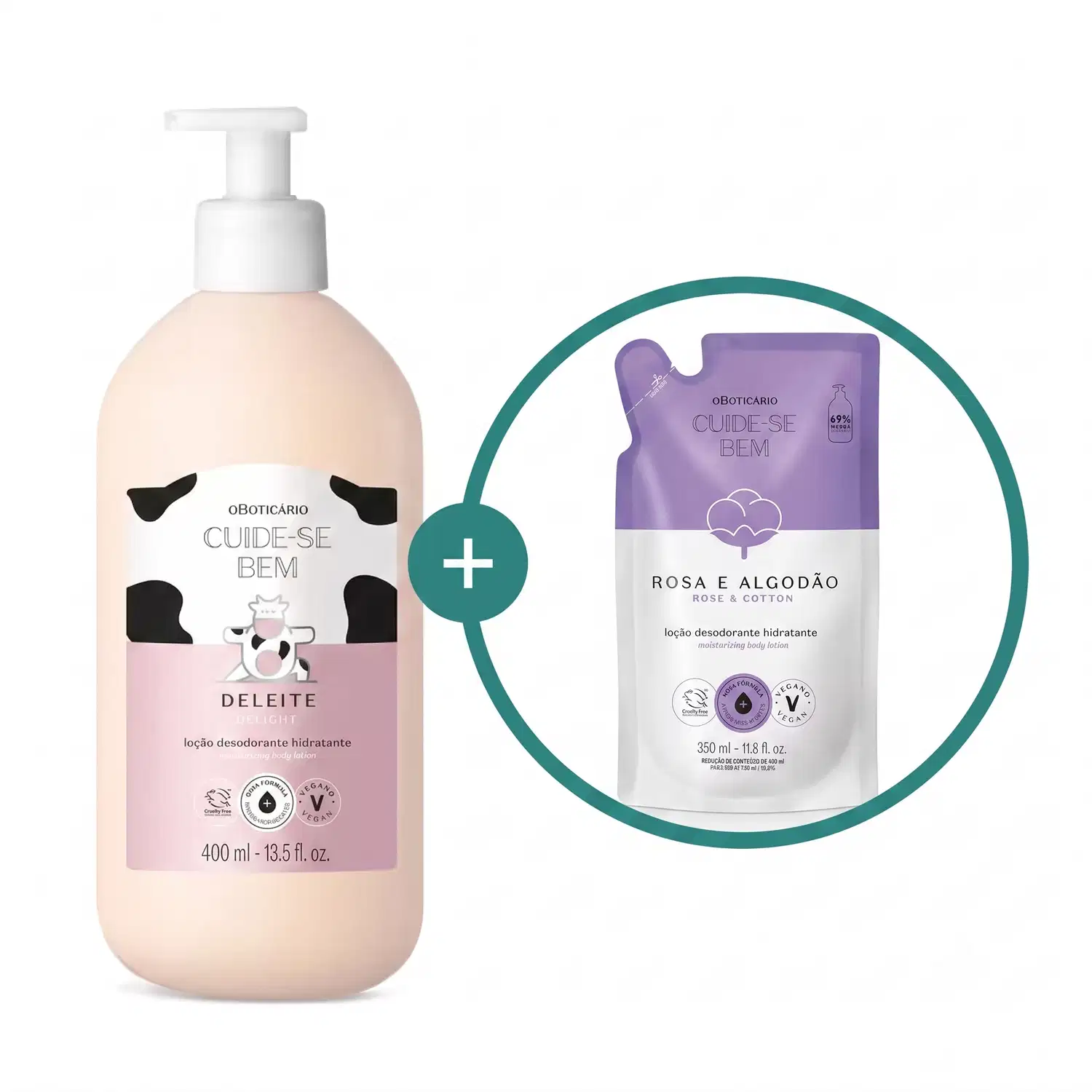 Combo Cuide-se Bem: Loção Corporal Deleite 400ml + Refil Rosa e Algodão 350ml