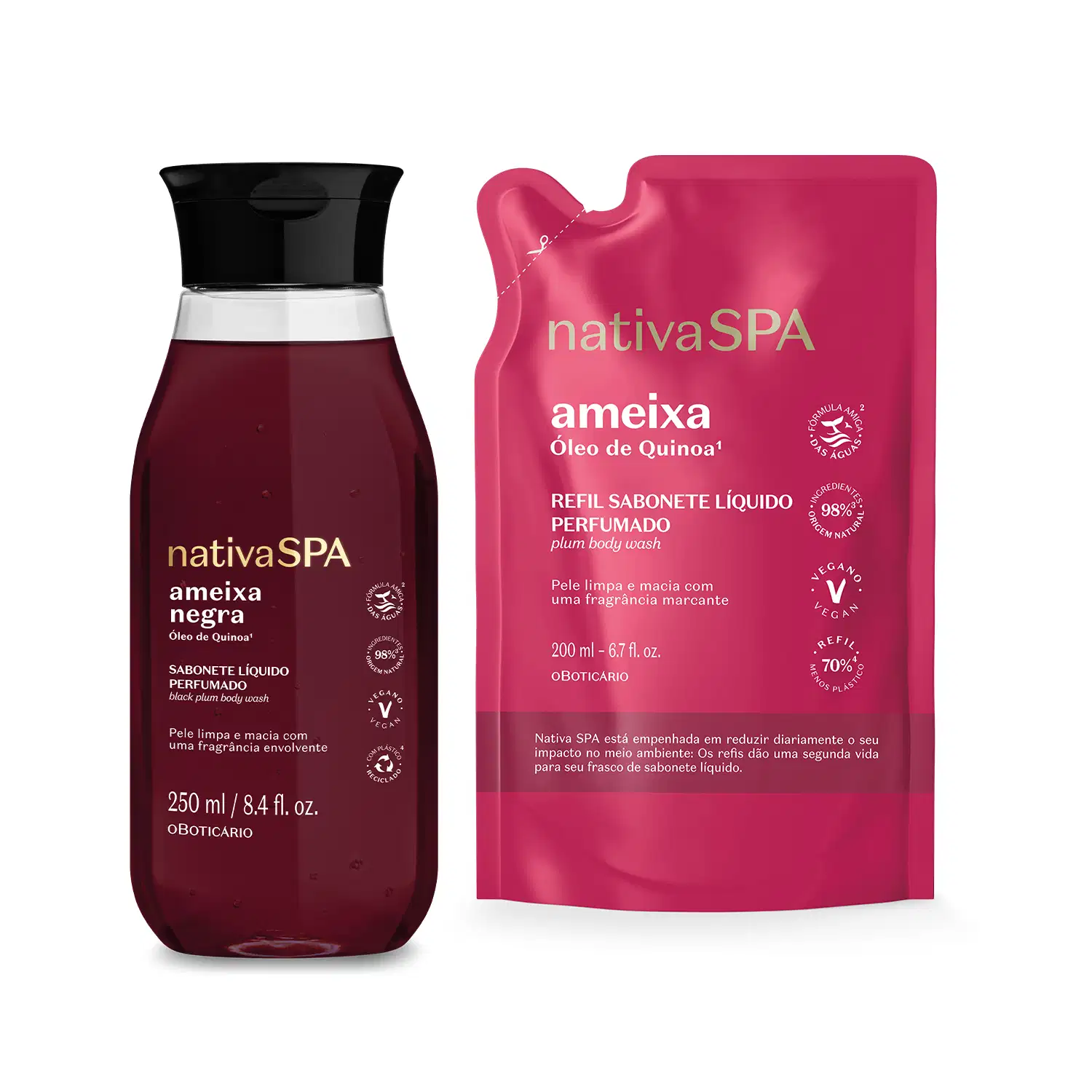 Combo Sabonete Líquido Perfumado Nativa Spa: Ameixa Negra 250ml + Refil Ameixa 200ml