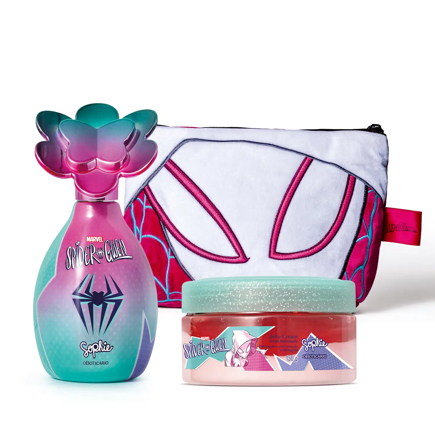 Combo Sophie Spider-Gwen: Colônia Infantil 100ml +Jelly Cream Creme Hidratante 150g+ Nécessaire Infantil > Combo Sophie Spider-Gwen: Colônia Infantil 100ml +Jelly Cream Creme Hidratante 150g+ Nécessaire Infantil