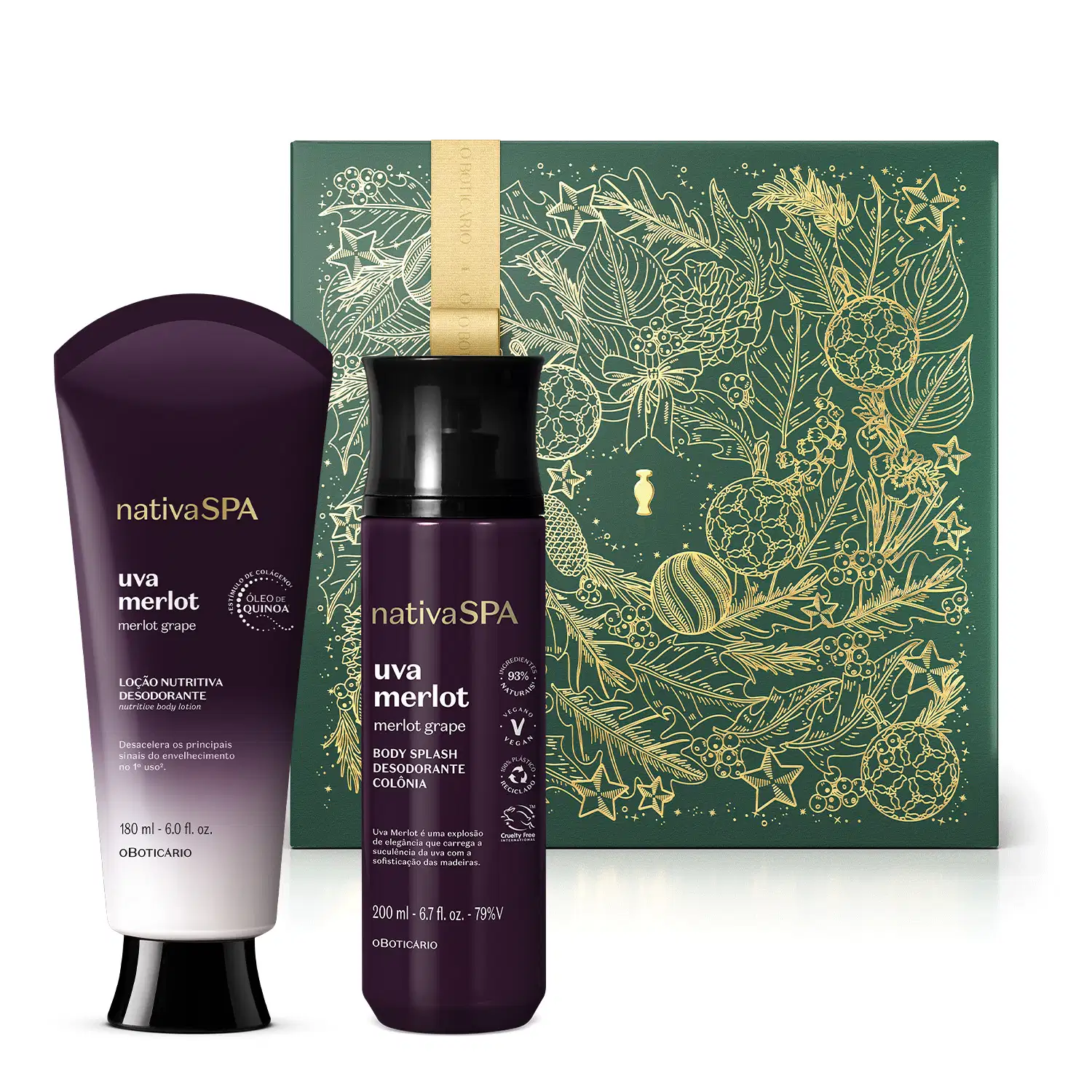 Combo Presente Nativa Spa Uva Merlot: Loção Corporal 180ml + Body Splash 200ml + Caixa Presenteável