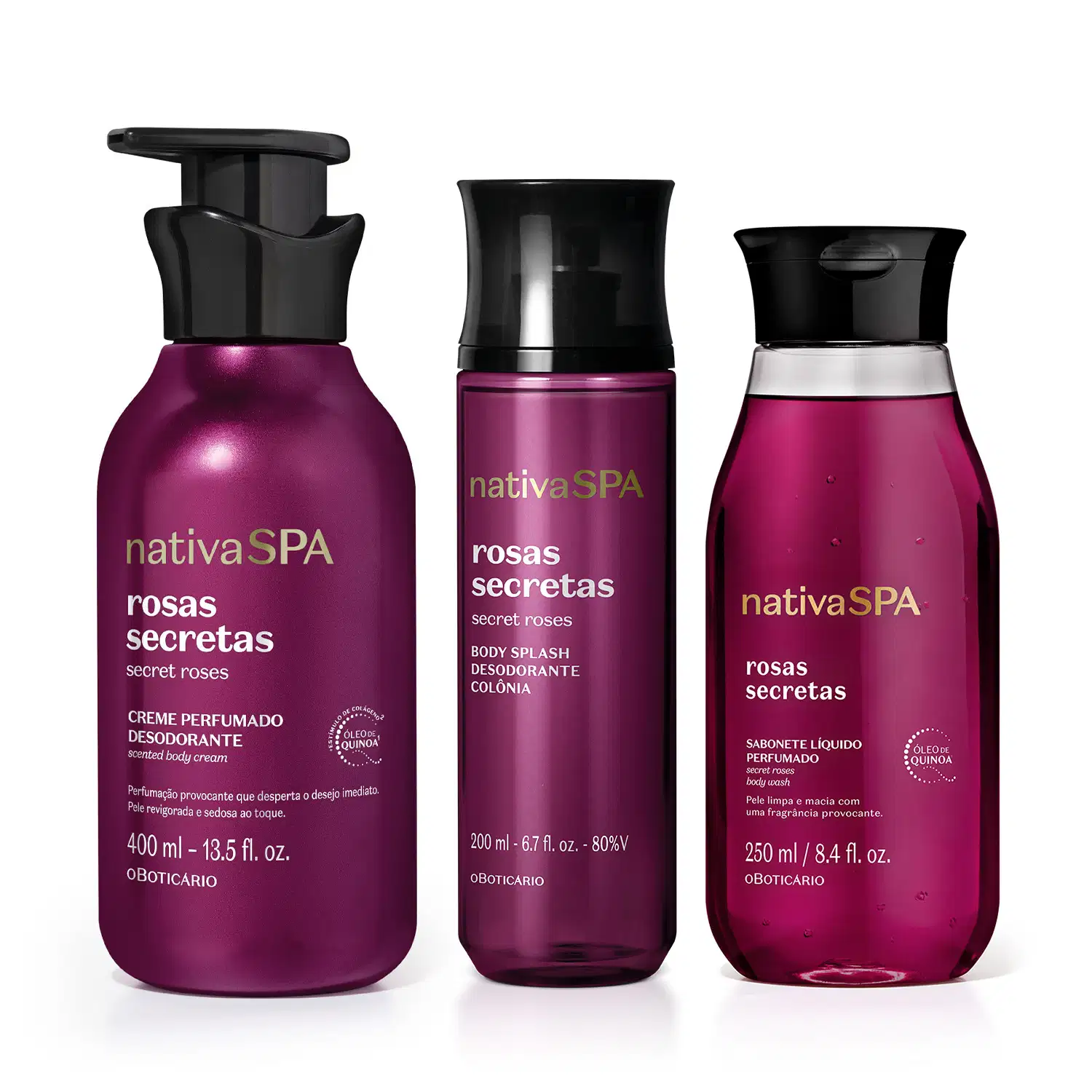 Combo Nativa SPA Rosas Secretas: Sabonete Líquido 250ml + Creme Perfumado Corporal 400ml + Body Splash 200ml