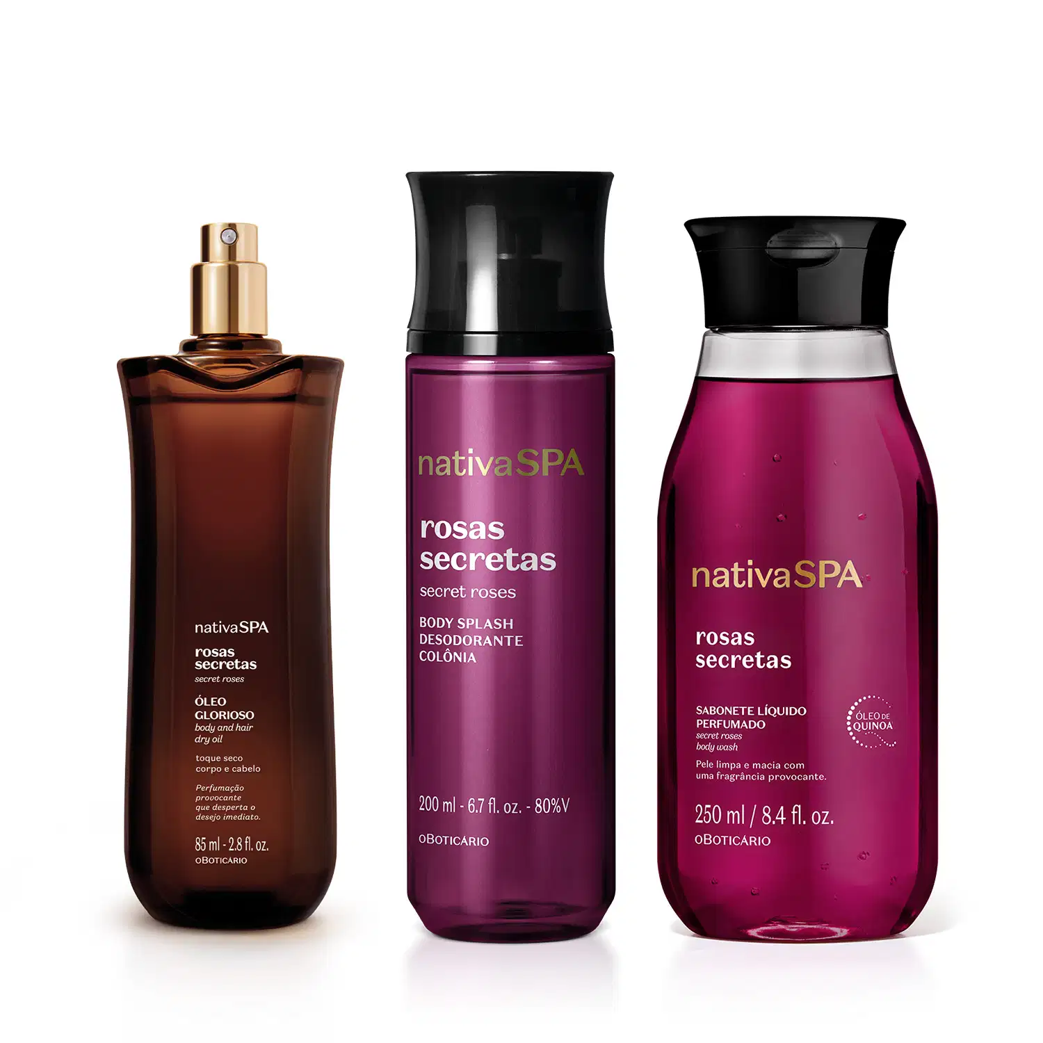 Combo Nativa SPA Rosas Secretas: Sabonete Líquido 250ml + Óleo Multifuncional Corpo E Cabelos 85ml+ Body Splash 200ml