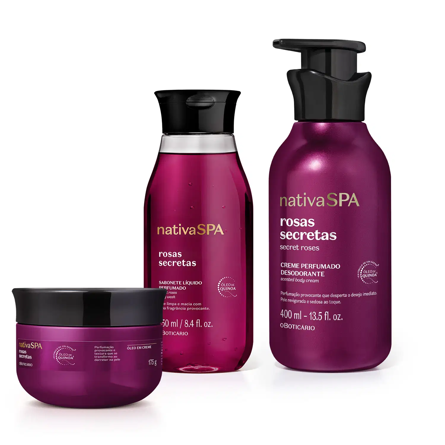 Combo Nativa SPA Rosas Secretas: Sabonete Líquido 250ml + Óleo Em Creme 175g + Creme Perfumado Corporal 400ml