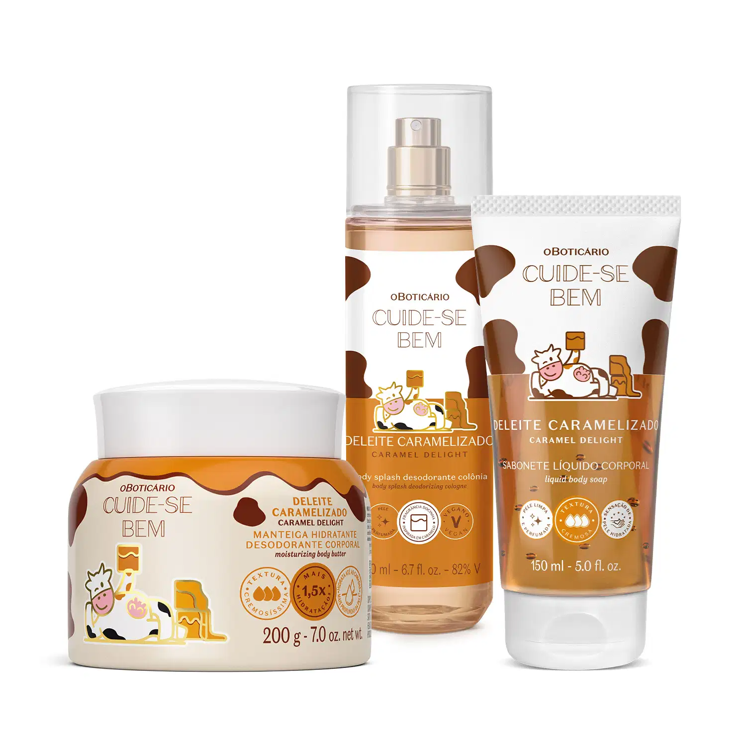 Combo Cuide-Se Bem Deleite Caramelizado: Manteiga Corporal 200g + Body Splash 200ml + Sabonete Líquido 150ml