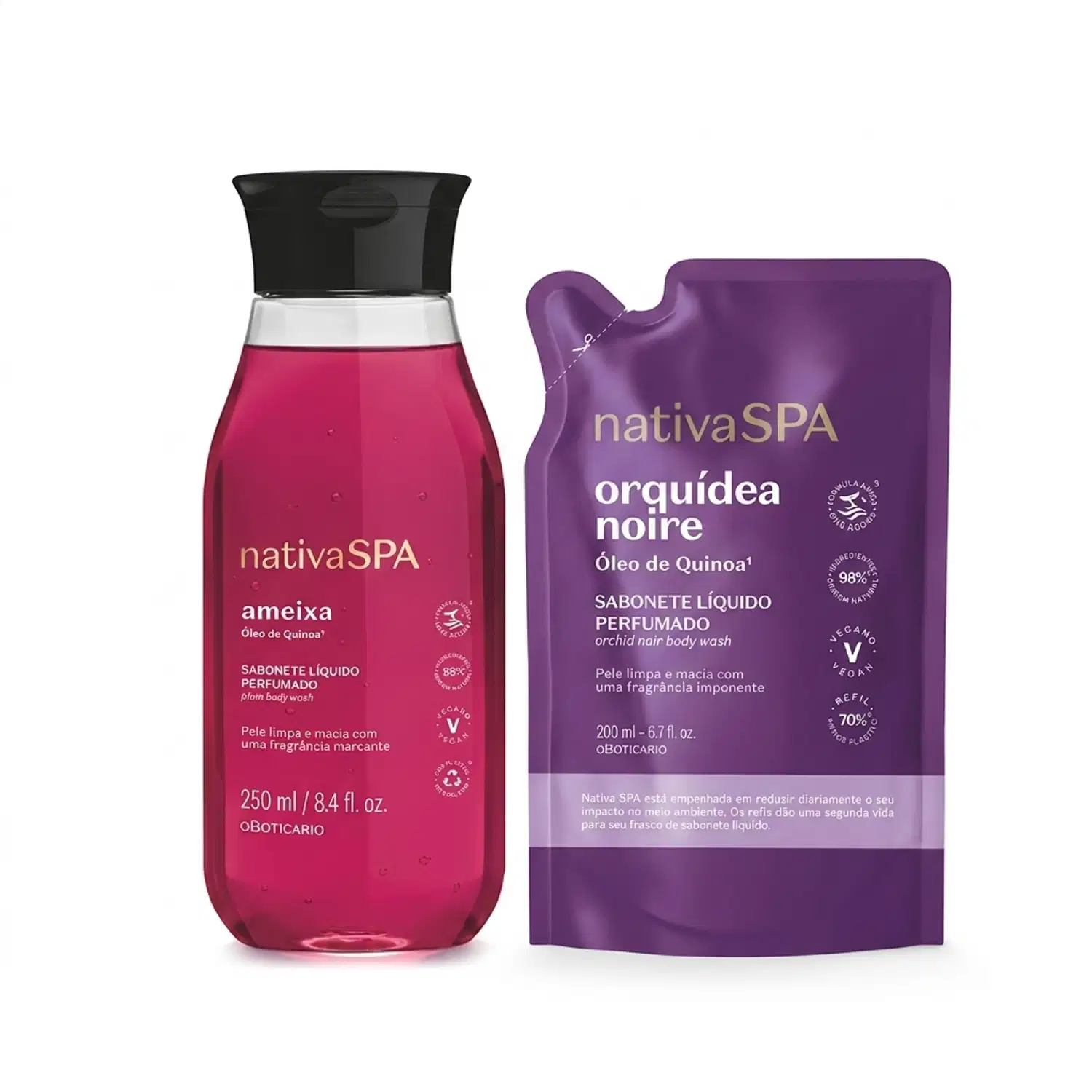 Combo Sabonete Líquido Perfumado Nativa Spa Ameixa 250ml + Refil Sabonete Líquido Perfumado Nativa Spa Orquídea Noire 200ml