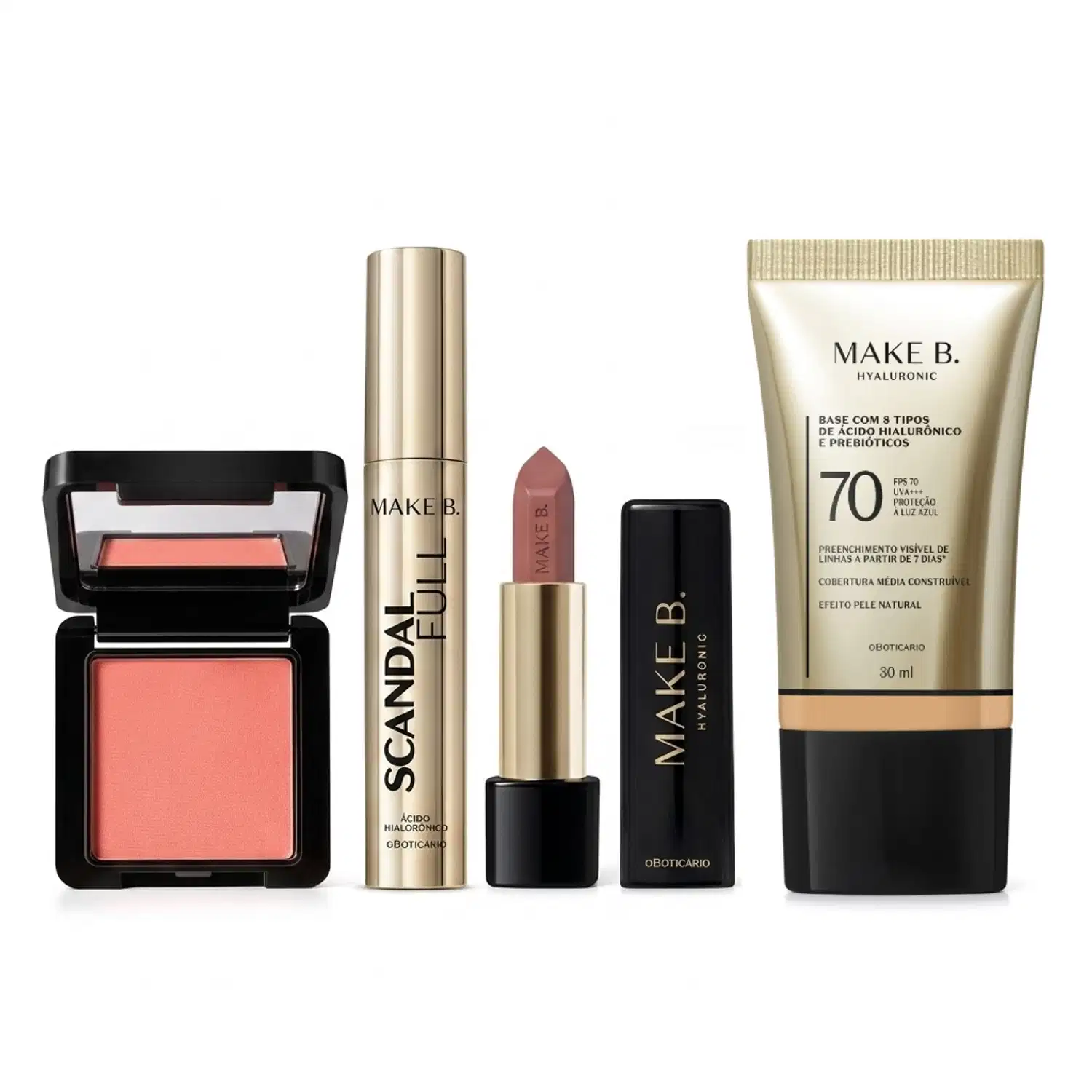 Combo Make B.: Blush Em Pó Compacto Rubor + Máscara de Cílios Scandal + Batom Cremoso Rosa Rose + Base Líquida FPS 70 120N