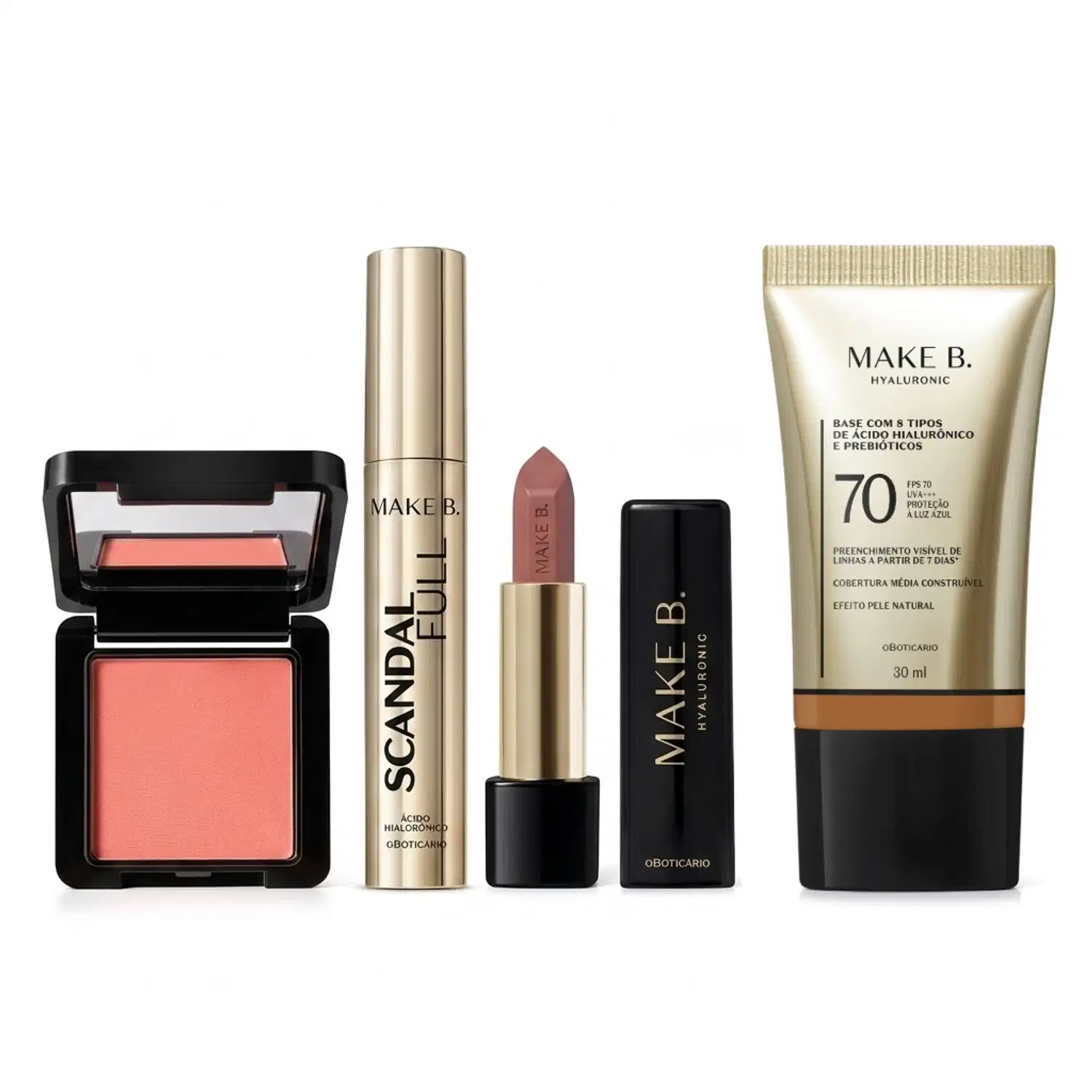 Combo Make B.: Blush Em Pó Compacto Rubor + Máscara de Cílios Scandal + Batom Cremoso Rosa Rose + Base Líquida FPS 70 275N