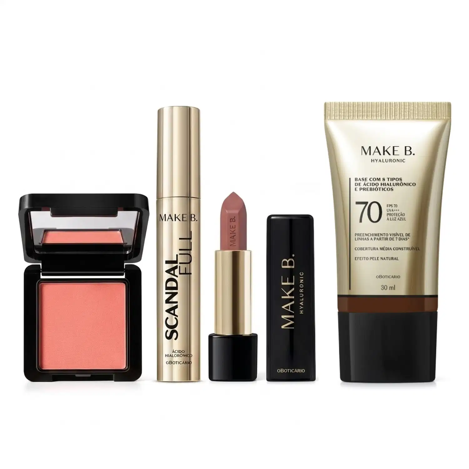 Combo Make B.: Blush Em Pó Compacto Rubor + Máscara de Cílios Scandal + Batom Cremoso Rosa Rose + Base Líquida FPS 70 340Q