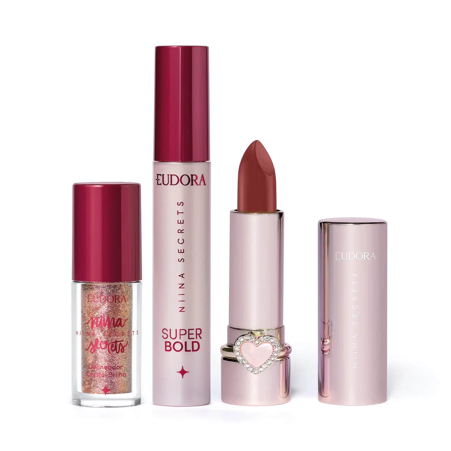 Combo Niina Secrets: Batom Cremoso Love You 3g + Delineador Crystal Brilho 3g + Máscara para Cílios Super Bold 10g