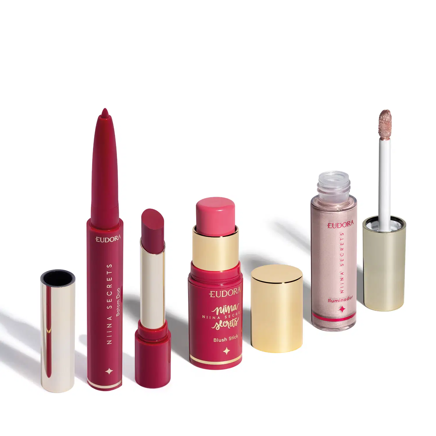 Combo Niina Secrets: Blush Rosa 5g + Batom Rosa 1,65g + Iluminador Líquido Rosé 10ml
