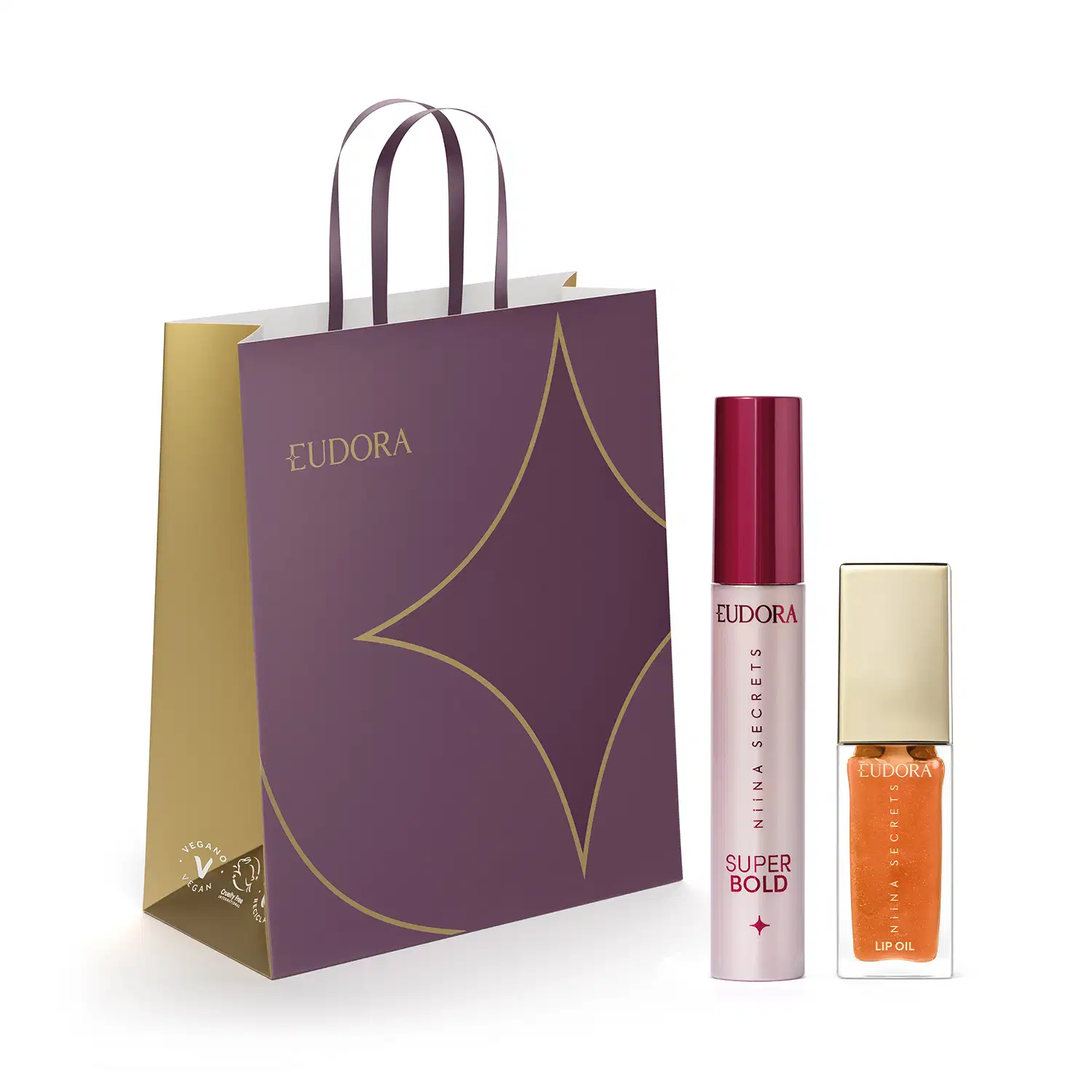 Combo Niina Secrets: Máscara de Cílios Super Bold 10g + Lip Oil Shine Flowers 7ml + Sacola de Presente P