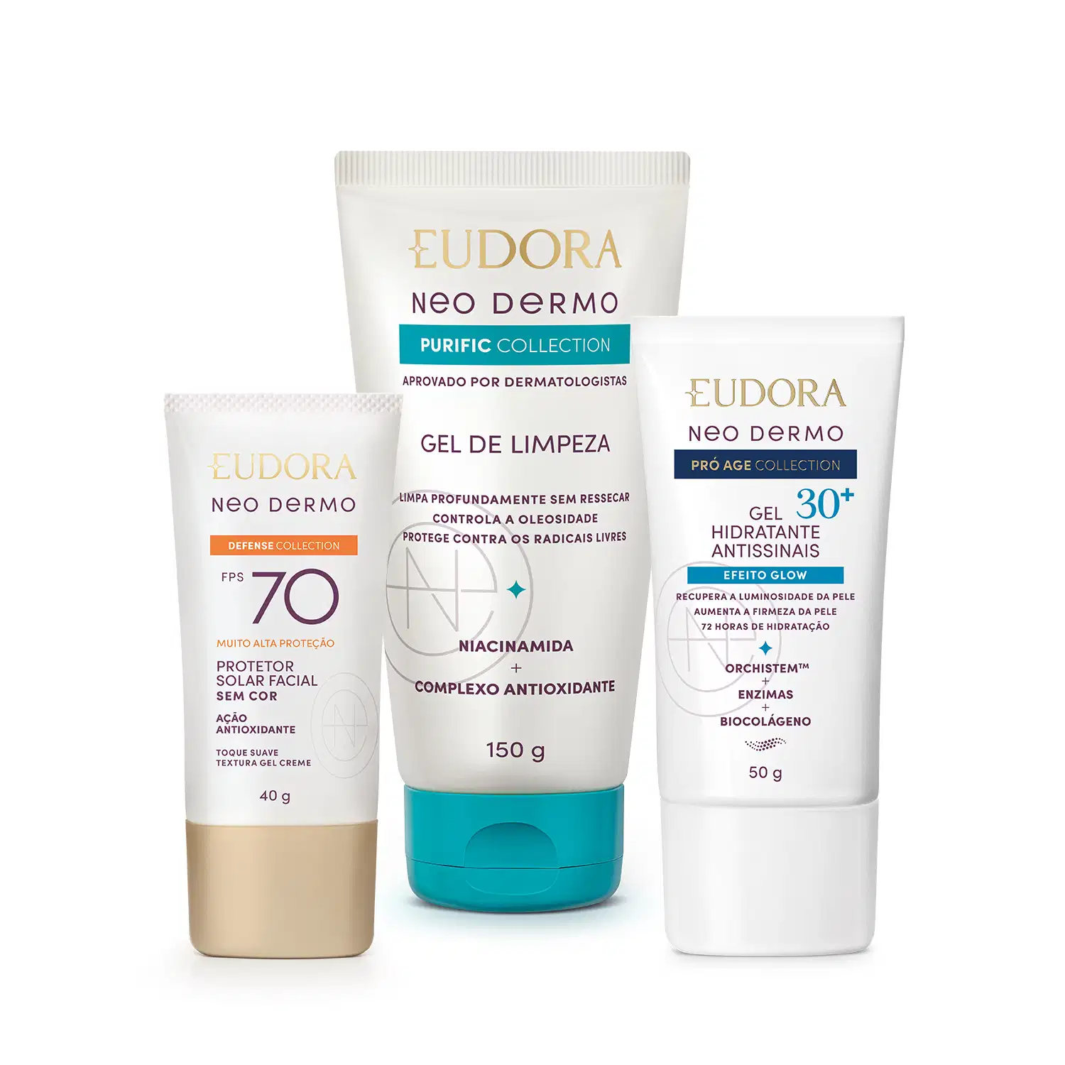 Eudora Neo Dermo Purific Gel De Limpeza Facial 150g, Protetor Solar Sem Cor Fps 70 40g + Pró Age Gel Facial 30+ 50g