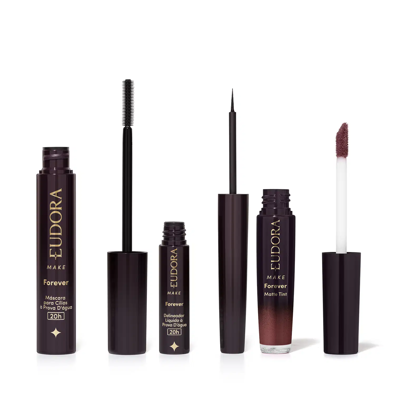 Combo Eudora Make: Máscara Cílios Forever 8g + Delineador Líquido Forever 3ml + Batom Líquido Matte Tint Rose Vintage 4ml