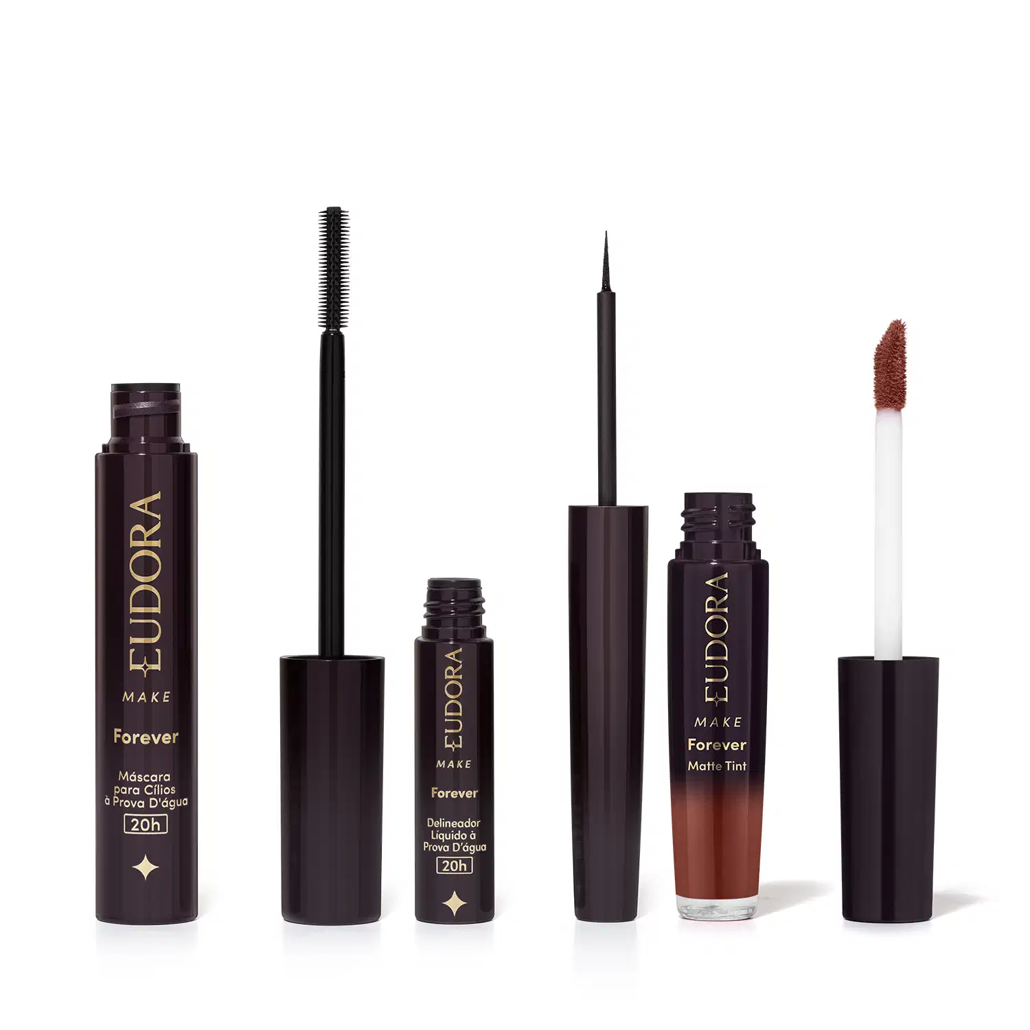 Combo Eudora Make: Máscara Cílios Forever 8g + Delineador Líquido Forever 3ml + Batom Líquido Marrom Nude Icônico 4ml