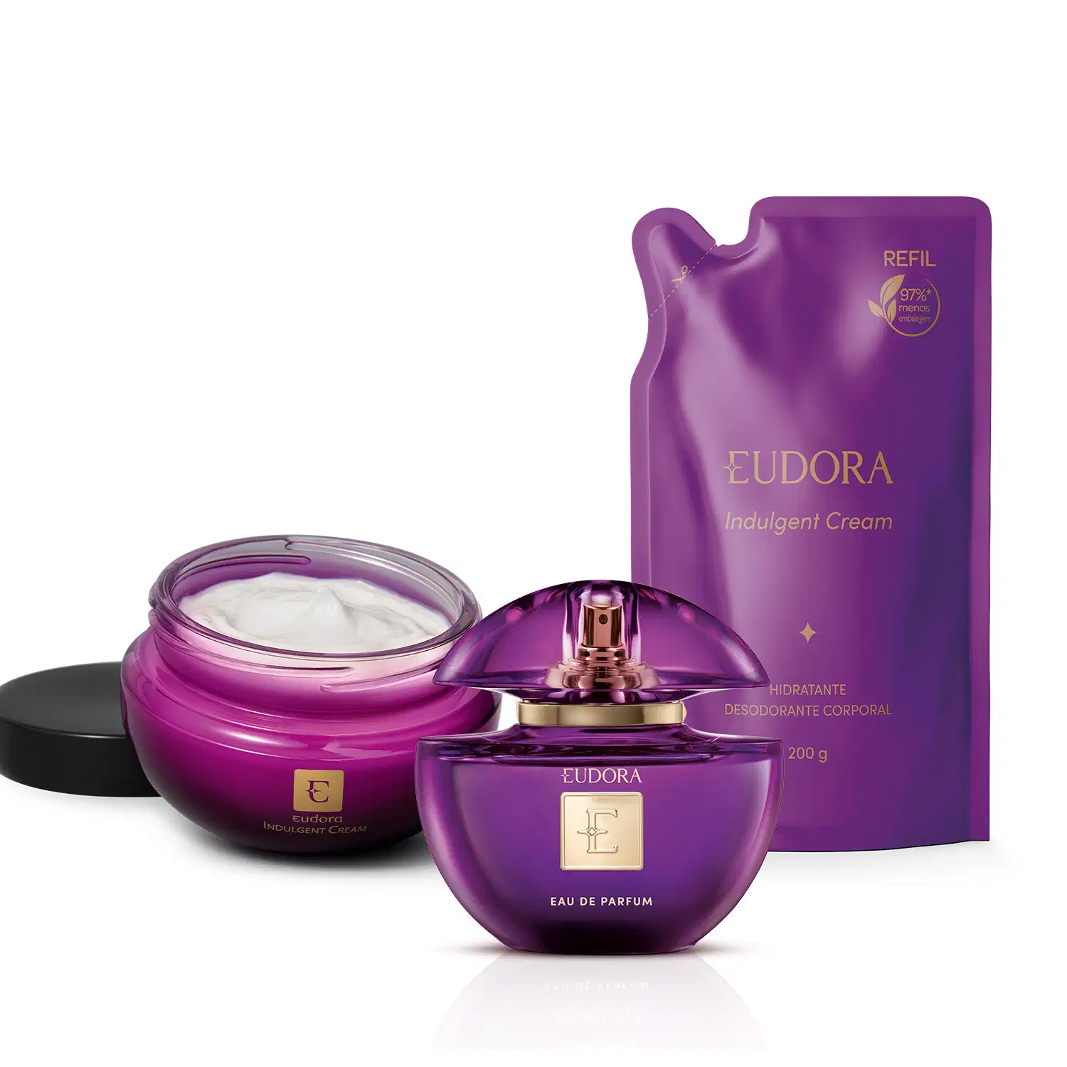 Combo Eudora Roxo: Eau De Parfum 75ml + Creme Corporal Indulgent Cream 250g + Refil 200g