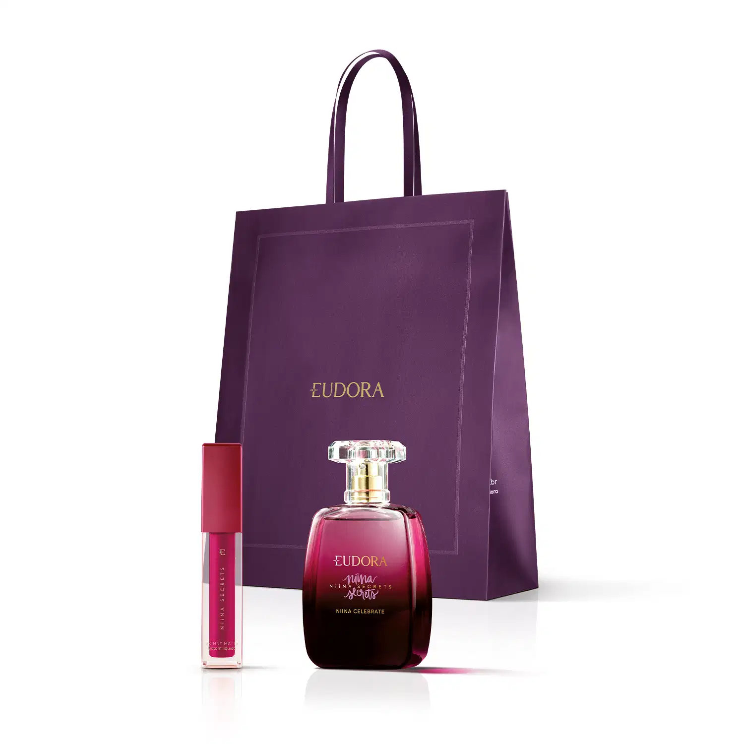 Combo Presente Niina Secrets: Batom Skinny Matte Pink Peônia 5ml + Desodorante Colônia 100ml + Sacola