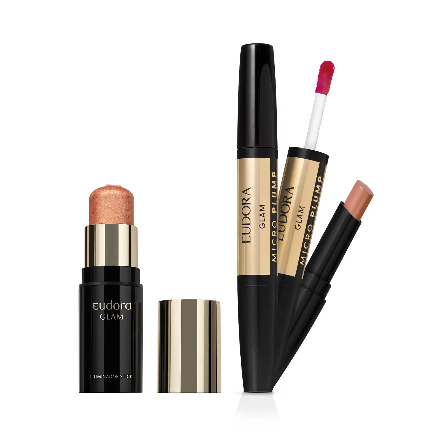 Combo Eudora Glam: Batom Micro Plump Avelã Magnífico 1,8g + Iluminador Stick Golden 5g