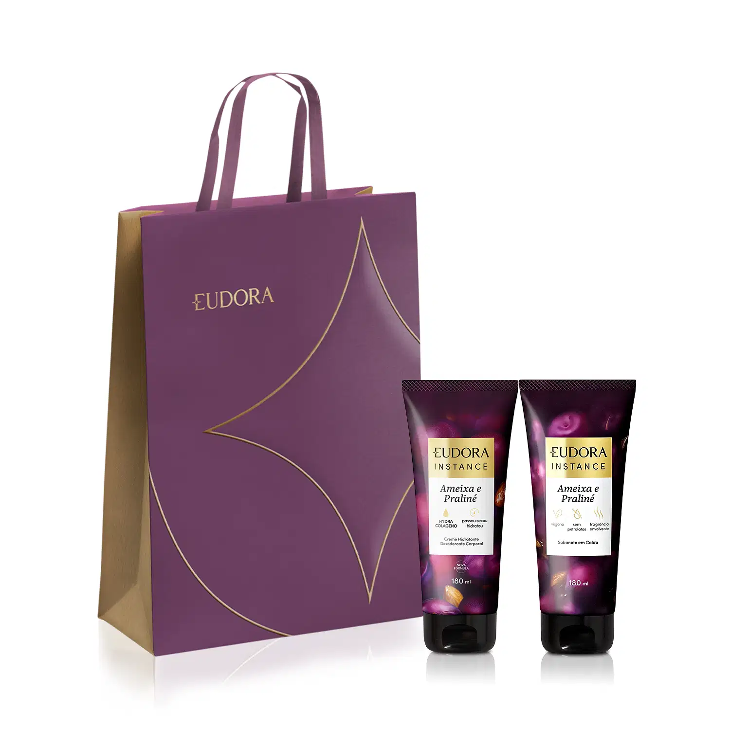 Combo Instance Ameixa e Praliné: Creme Corporal 180ml + Sabonete em Calda 180ml + Sacola