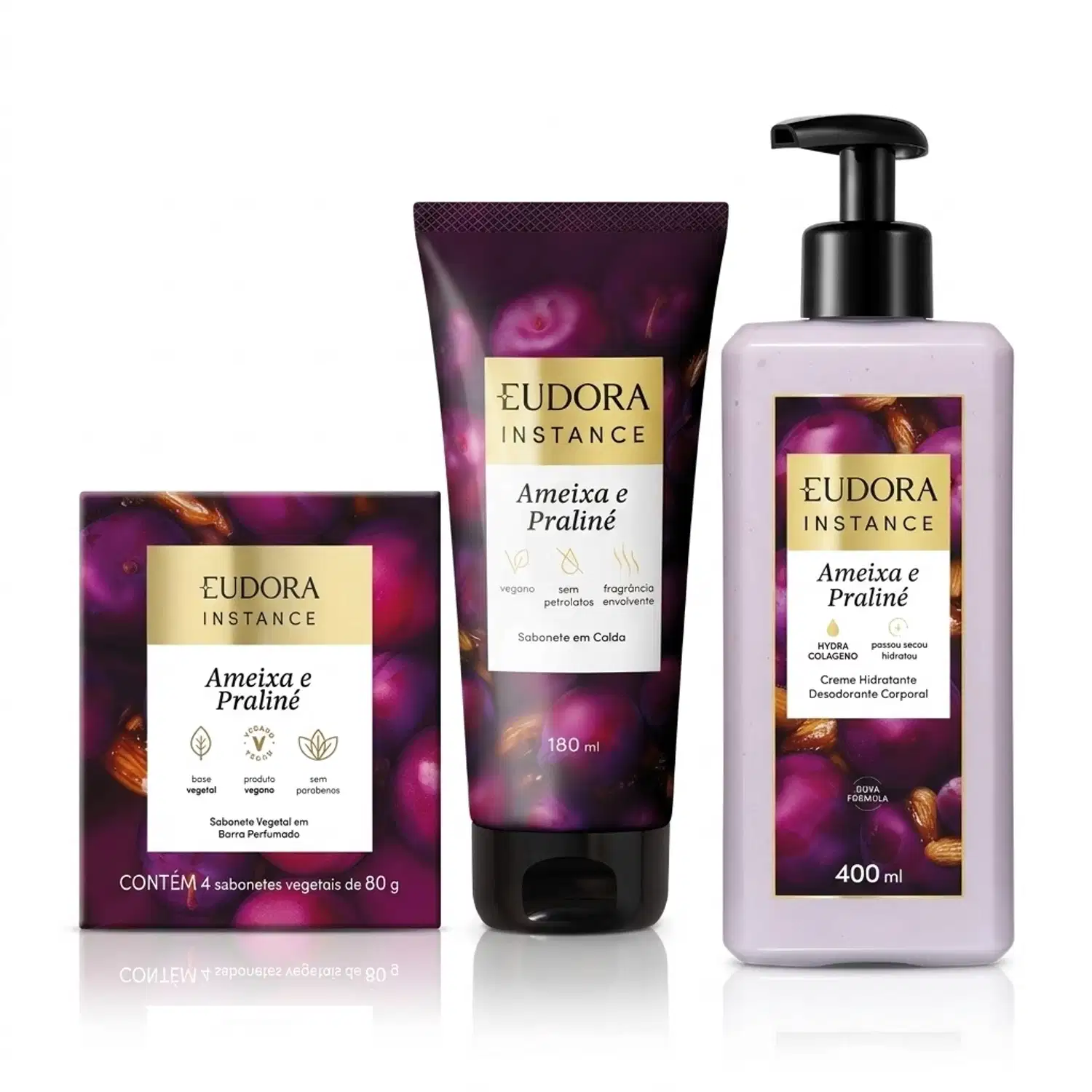 Combo Instance Ameixa e Praliné: Sabonete em Barra 4x80g + Sabonete Em Calda 180ml + Creme Corporal 400ml