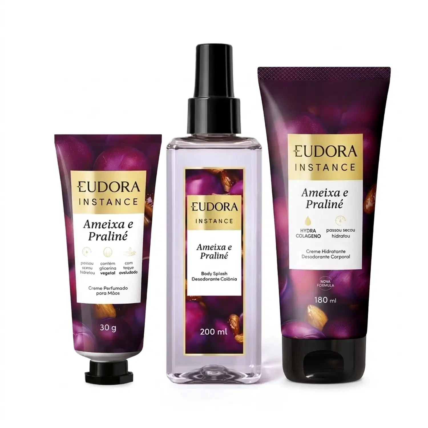 Combo Instance Ameixa e Praliné: Creme Mãos 30g + Body Splash 200ml + Creme Corporal 180ml