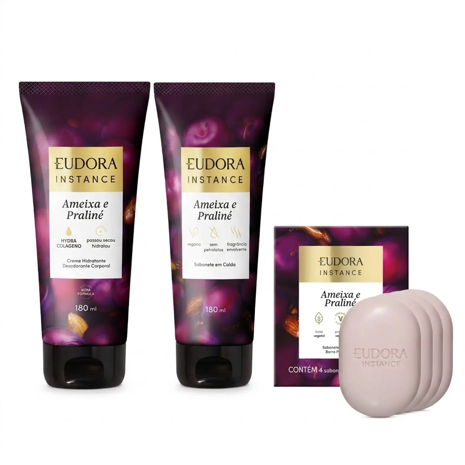 Combo Instance Ameixa e Praliné: Sabonete em Barra 4x80g + Sabonete Em Calda 180ml + Creme Corporal 180ml
