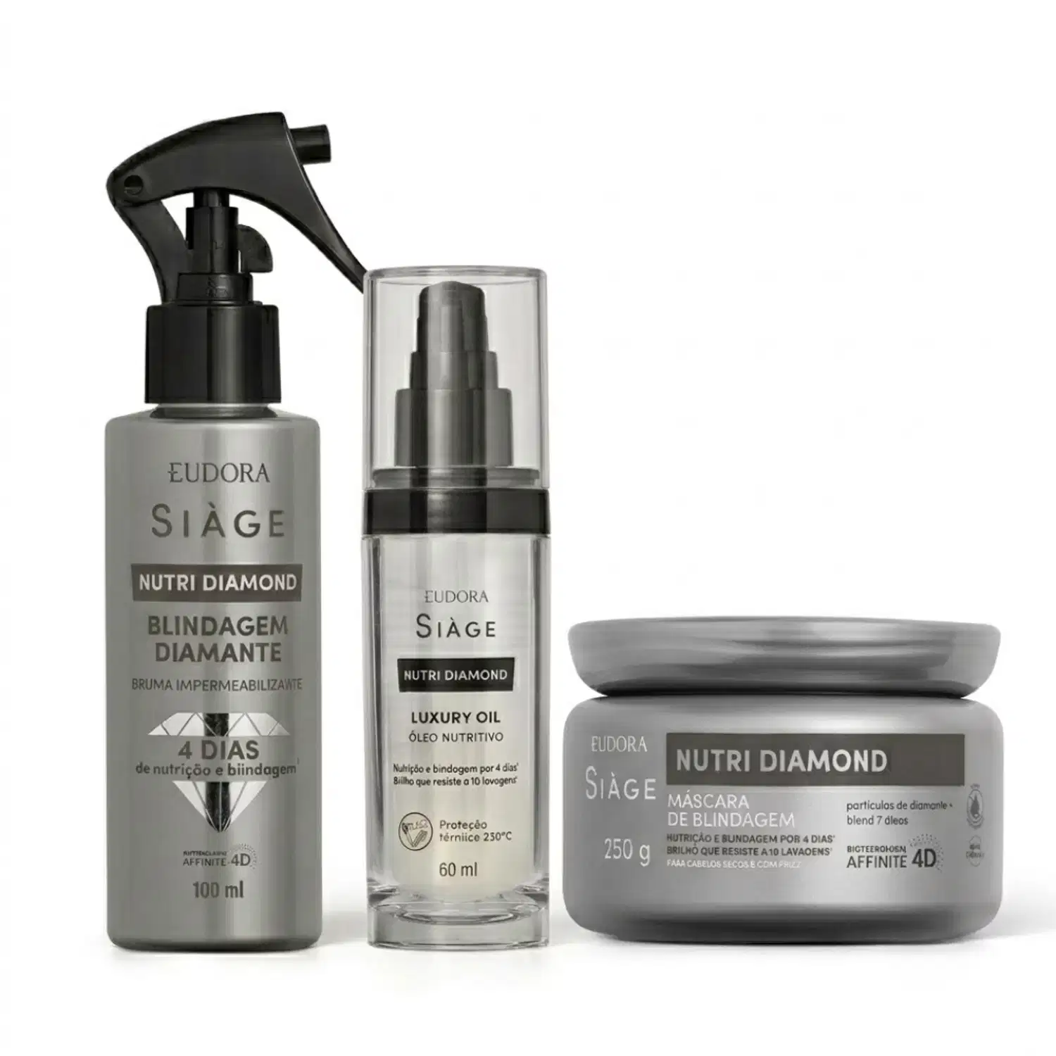 Combo Siàge Nutri Diamond: Máscara Capilar 250g + Bruma Impermeabilizante 100ml + Óleo Nutritivo 60ml