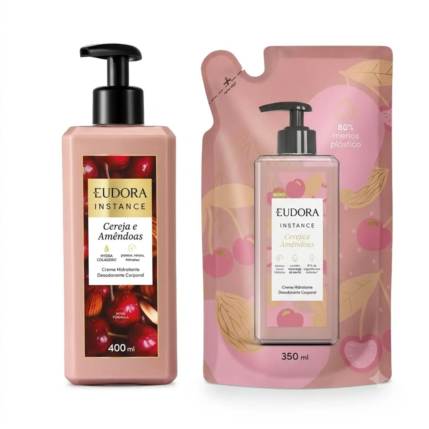 Combo Eudora Instance Cereja e Amêndoas: Creme Hidratante Corporal 400ml + Refil Hidratante Corporal 350ml