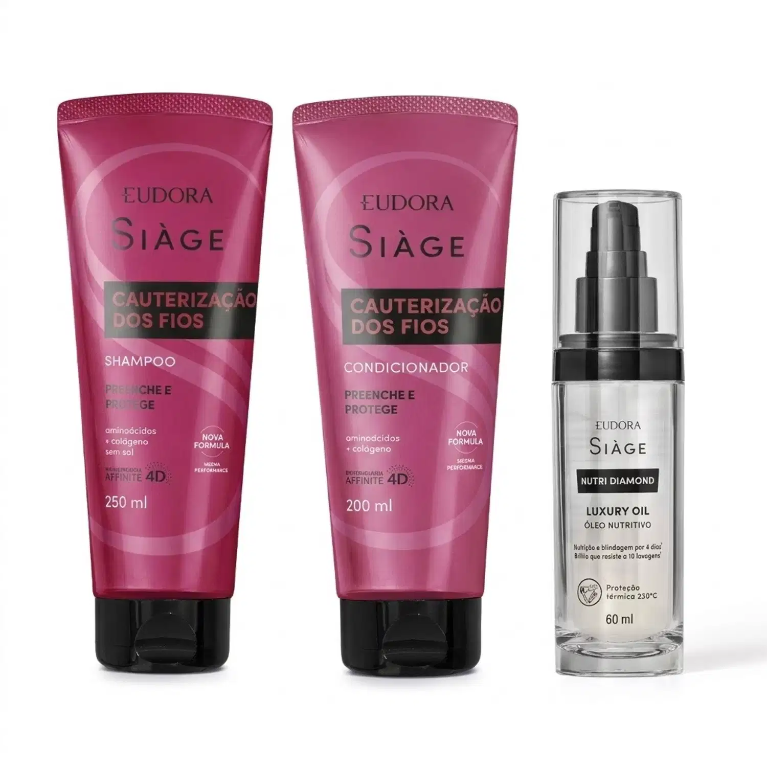 Combo Siàge Cauterização dos Fios e Nutri Diamond: Shampoo 250ml + Condicionador 200ml + Óleo Nutritivo 60ml