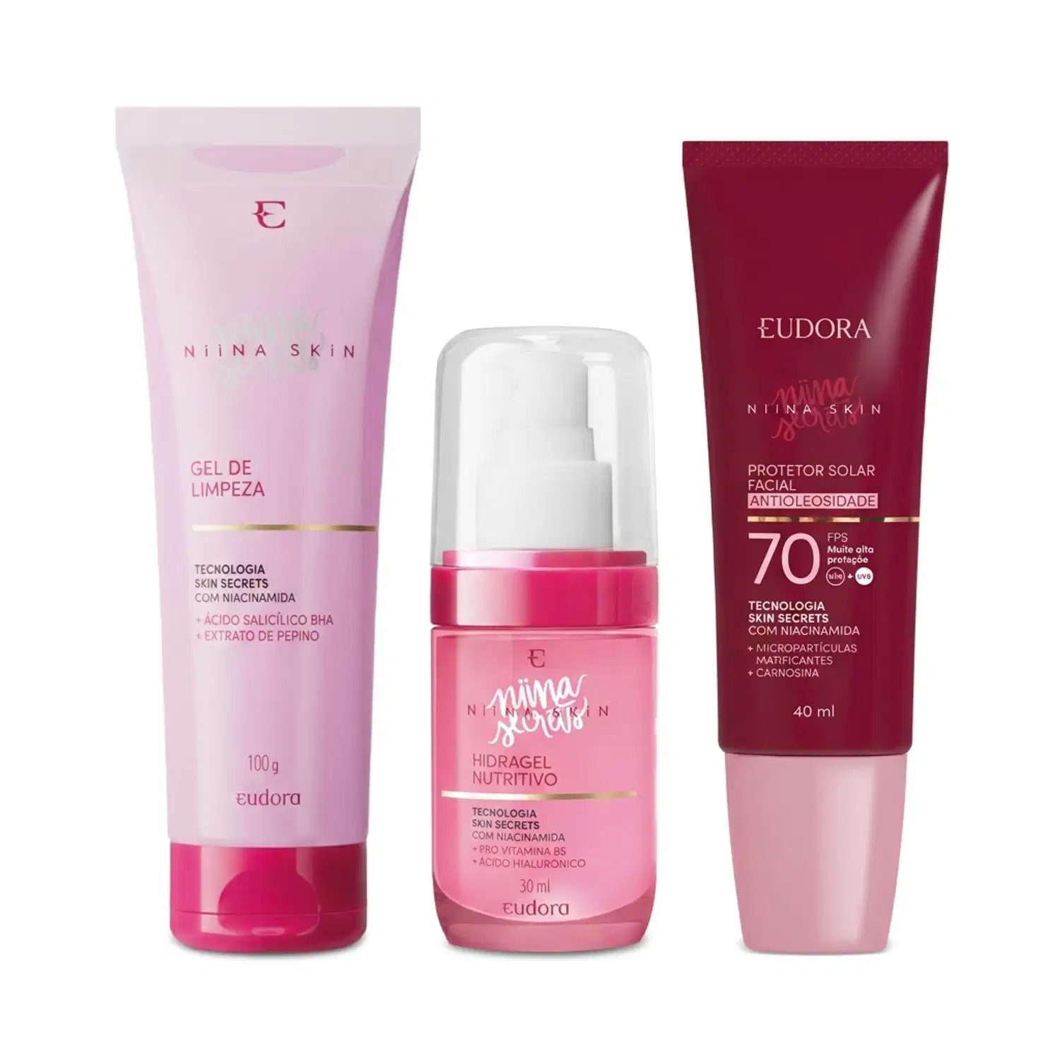 Combo Niina Skin: Gel de Limpeza 100g + Hidragel Nutritivo 30ml + Protetor Solar FPS 70 40ml