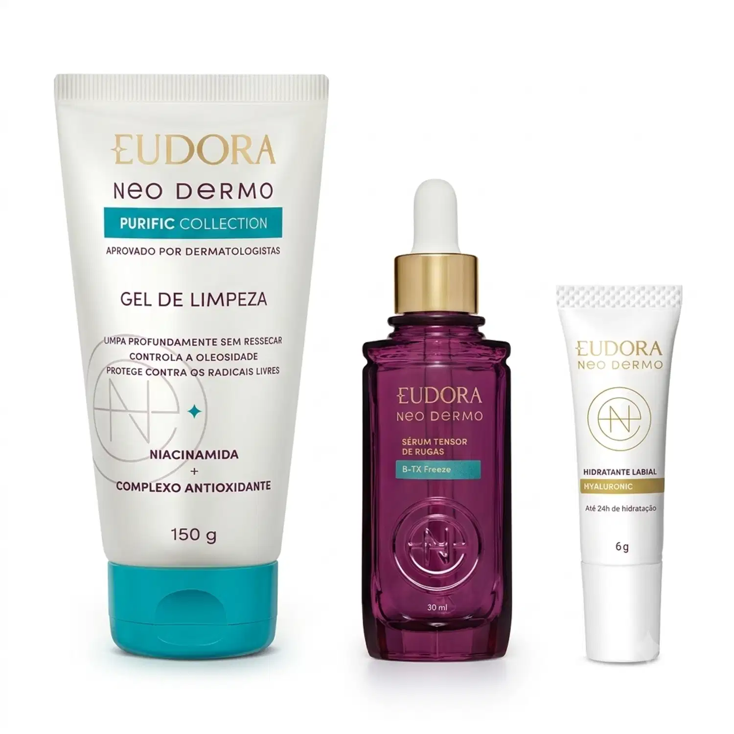 Combo Neo Dermo: Gel Limpeza 150g + Sérum Rugas 30ml + Hidratante Labial 6g