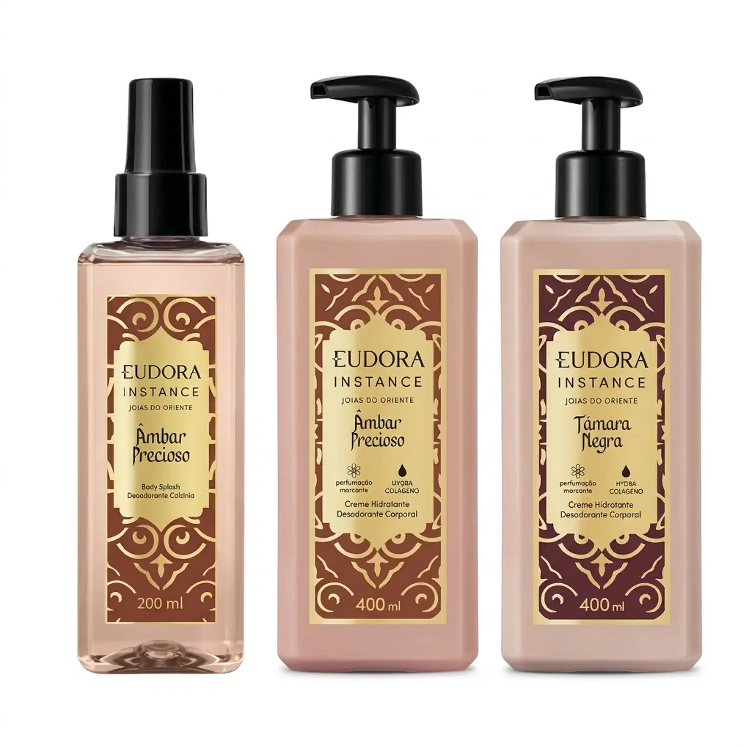 Combo Instance: Creme Hidratante Âmbar Precioso 400ml + Body Splash Âmbar Precioso 200ml + Creme Hidratante Tâmara Negra 400ml