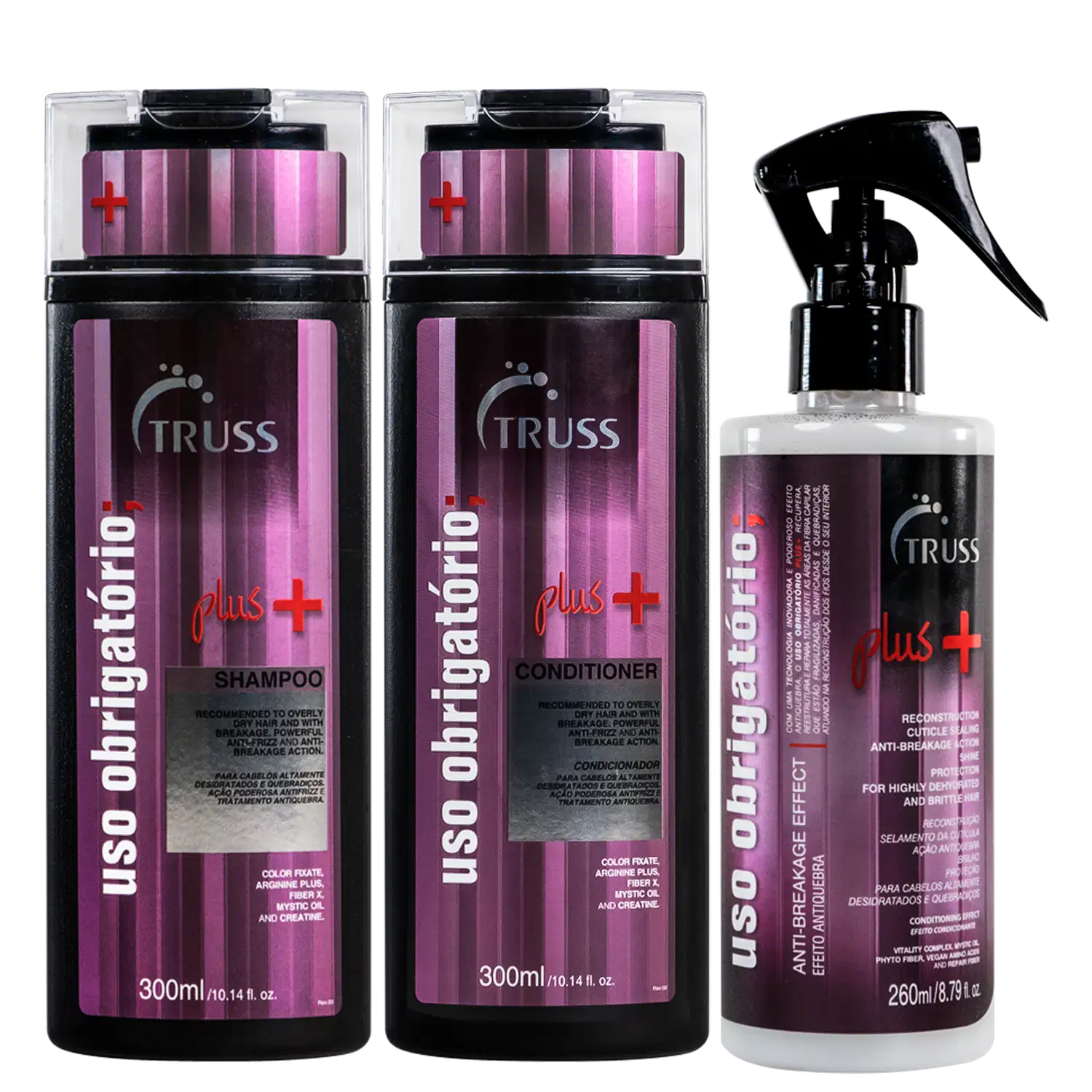 Combo Reconstrutor Uso Obrigatório; Plus+: Shampoo 300ml + Condicionador 300ml + Reconstrutor 260ml