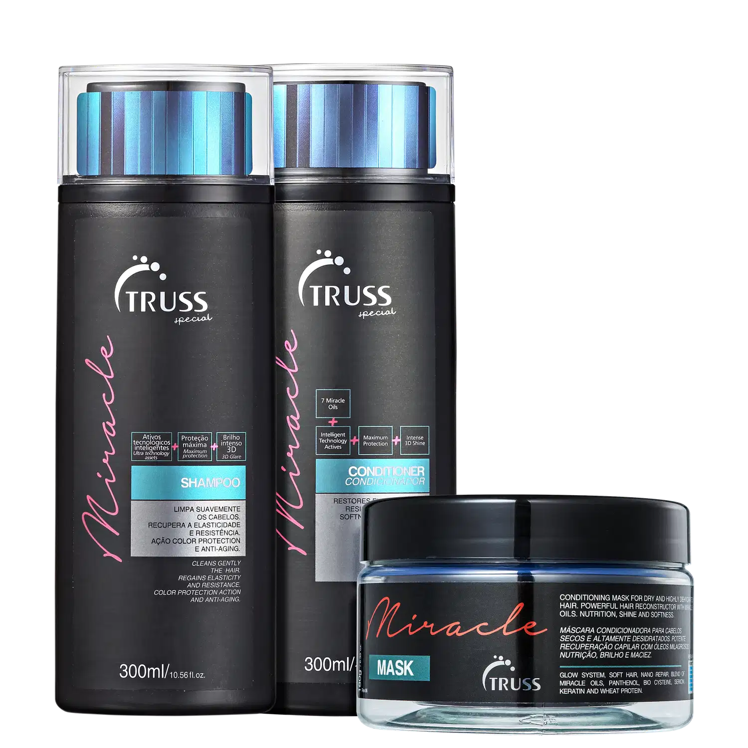 Combo Miracle Mask: Shampoo 300ml + Condicionador 300ml + Miracle Mask 180g