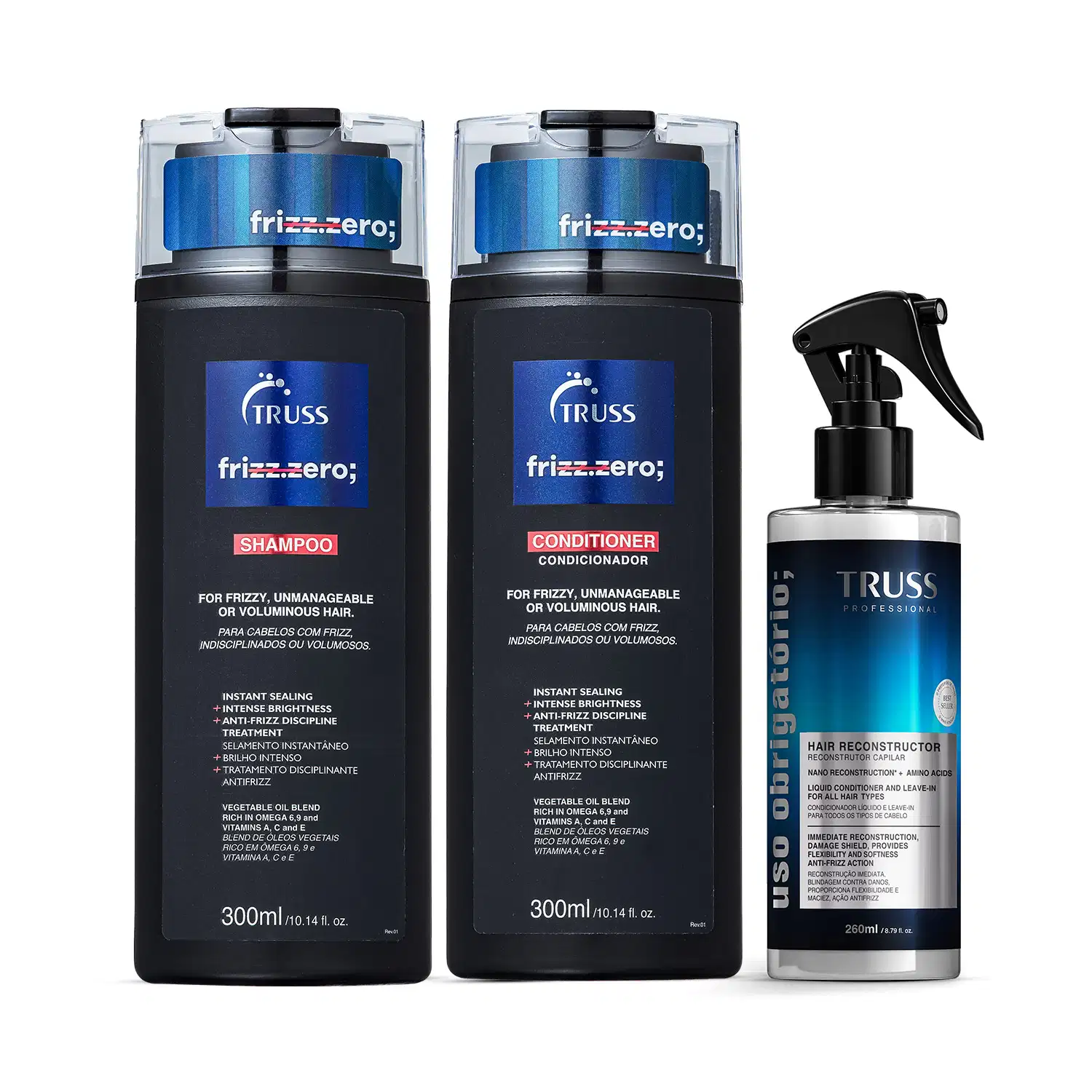 Combo Frizz Zero: Shampoo Frizz Zero; 300ml + Condicionador Frizz Zero; 300ml + Spray Uso Obrigatório; 260ml