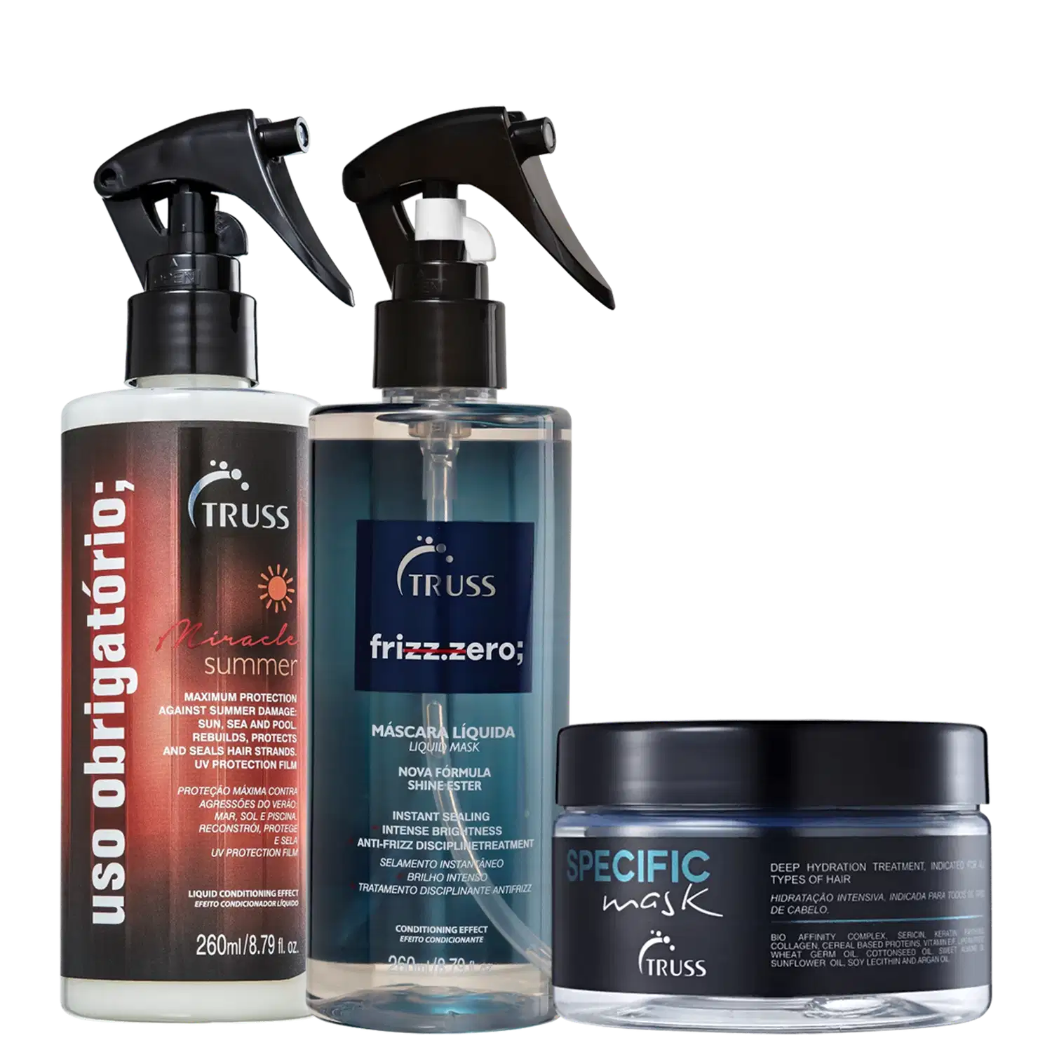 Combo Spray Miracle Summer 260ml + Máscara Líquida Frizz Zero 260ml + Máscara Capilar Specific 180g