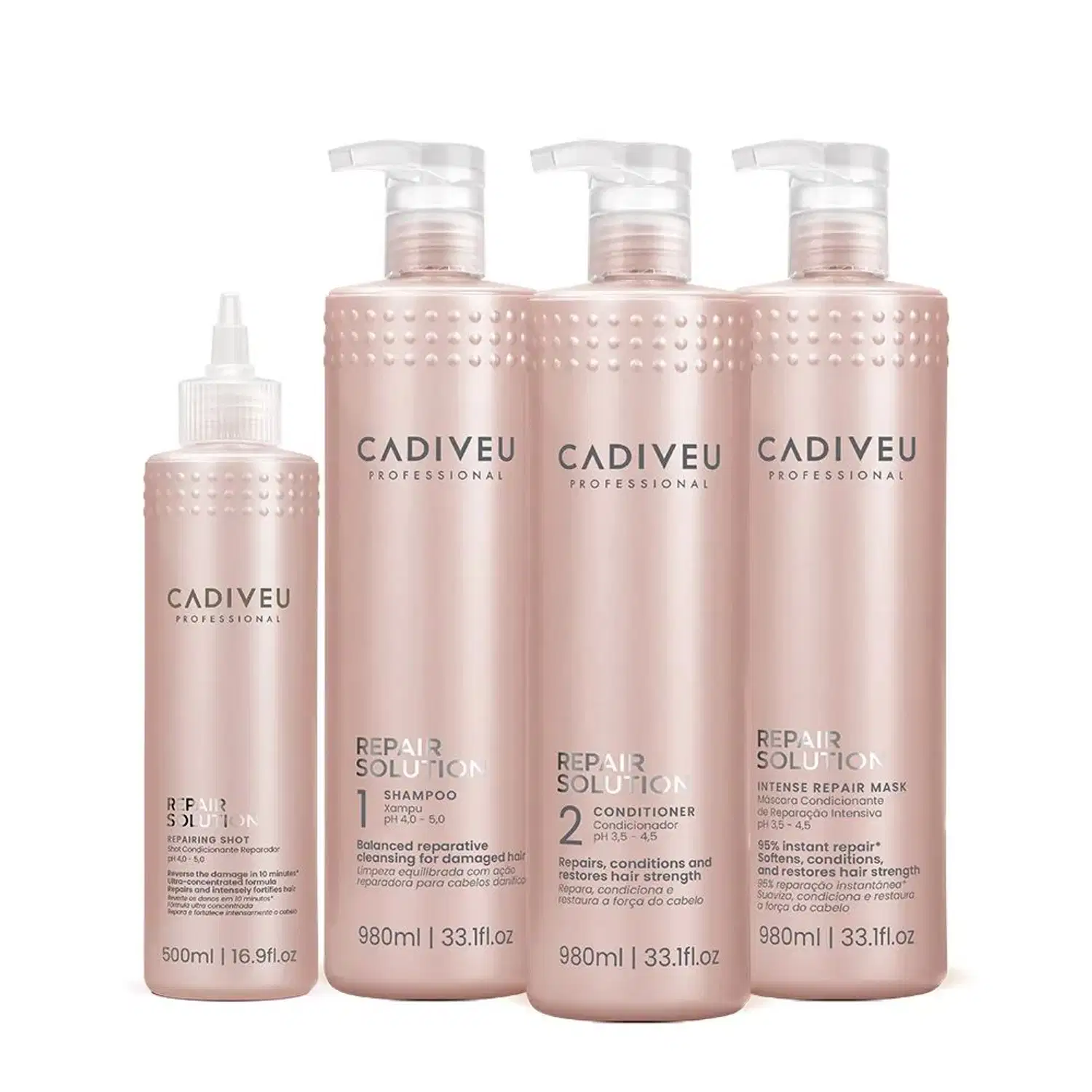 Kit Cadiveu Repair Solution Shampoo Sem Sulfato Condicionador Máscara e Shot (4 produtos)