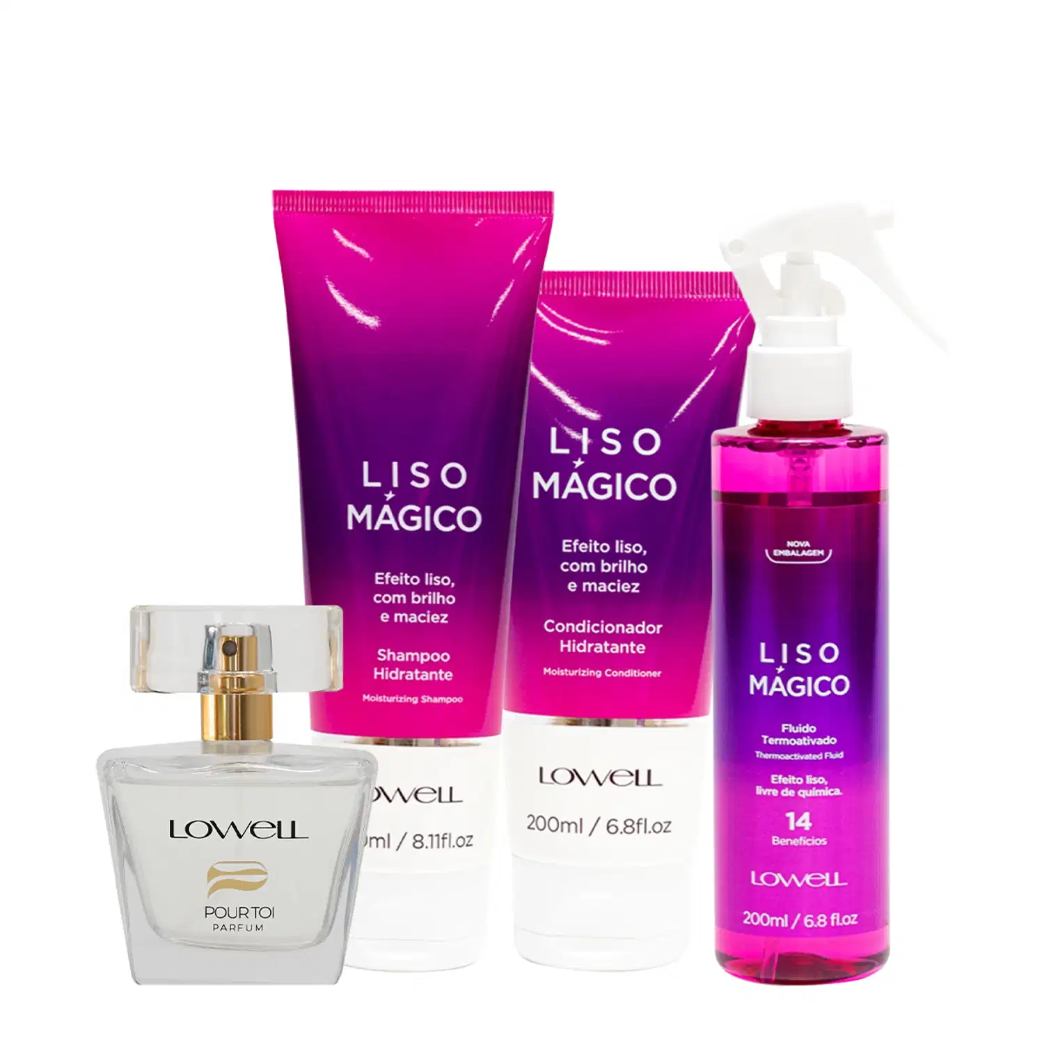 Lowell Liso Mágico Keeping Liss Shampoo Condicionador Spray e Pour Toi Parfum Cabelo e Corpo (4 produtos)