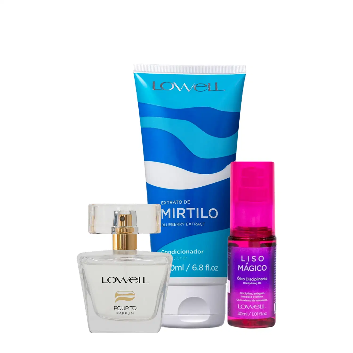Kit Lowell Extrato de Mirtilo Condicionador Liso Mágico Óleo Capilar e Pour Toi Parfum Cabelo e Corpo (3 produtos)