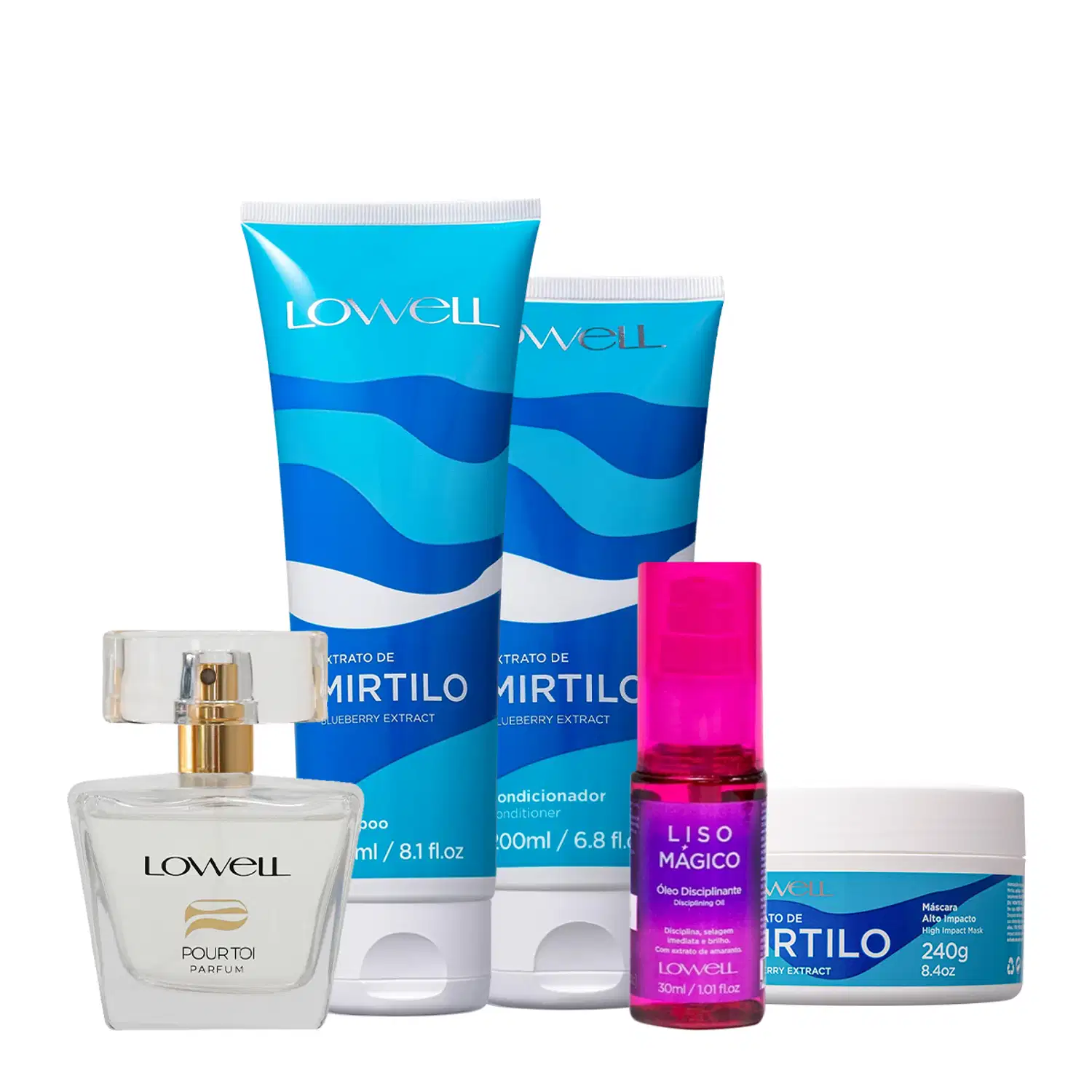 Kit Lowell Extrato de Mirtilo Shampoo Condicionador Máscara Liso Magico Óleo e Pour Toi Parfum Cabelo e Corpo (5 produto