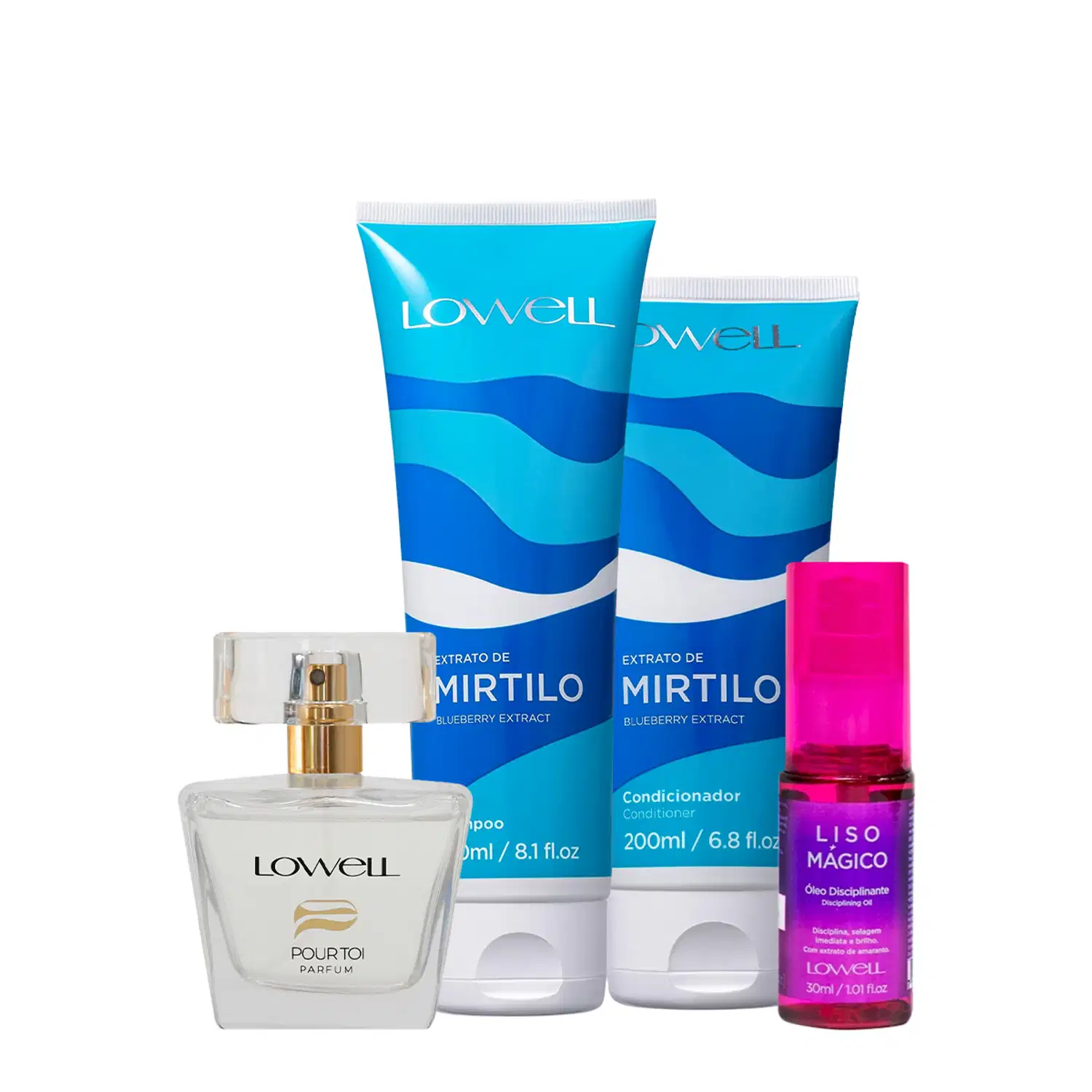 Kit Lowell Extrato de Mirtilo Shampoo Condicionador Keeping Liss Óleo e Pour Toi Parfum Cabelo e Corpo (4 produtos)