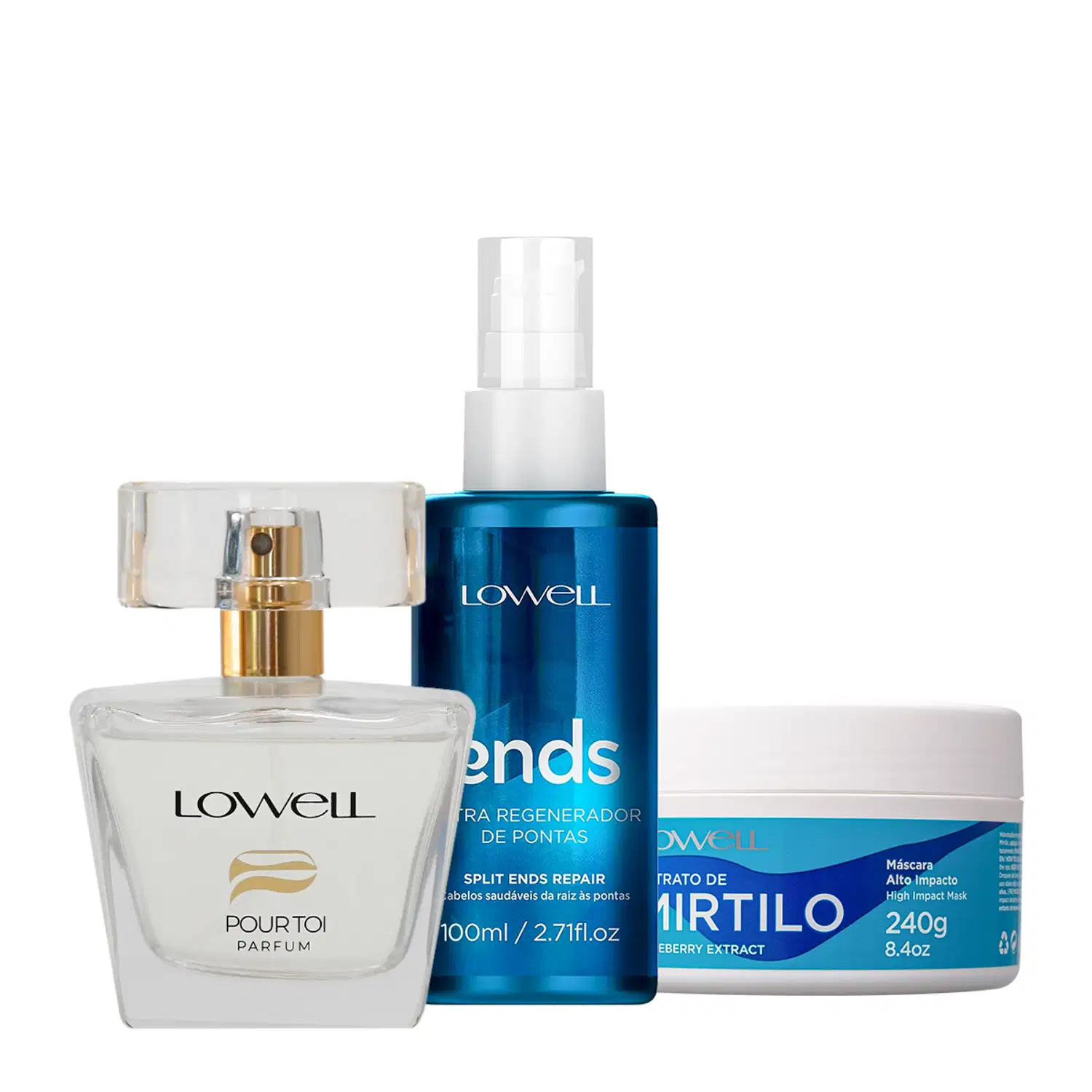 Kit Lowell Extrato de Mirtilo Máscara Regenerador de Pontas e Pour Toi Parfum Cabelo e Corpo (3 produtos)