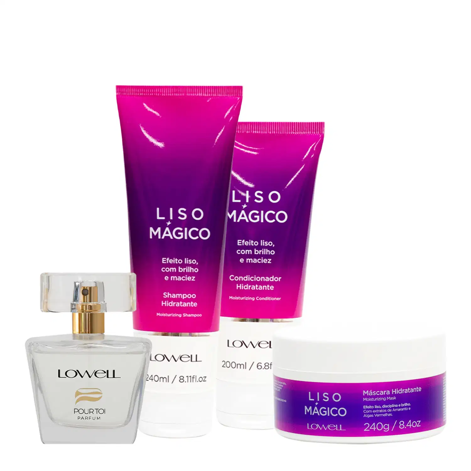 Lowell Liso Mágico Keeping Liss Shampoo Condicionador Máscara e Pour Toi Parfum Cabelo e Corpo (4 produtos)
